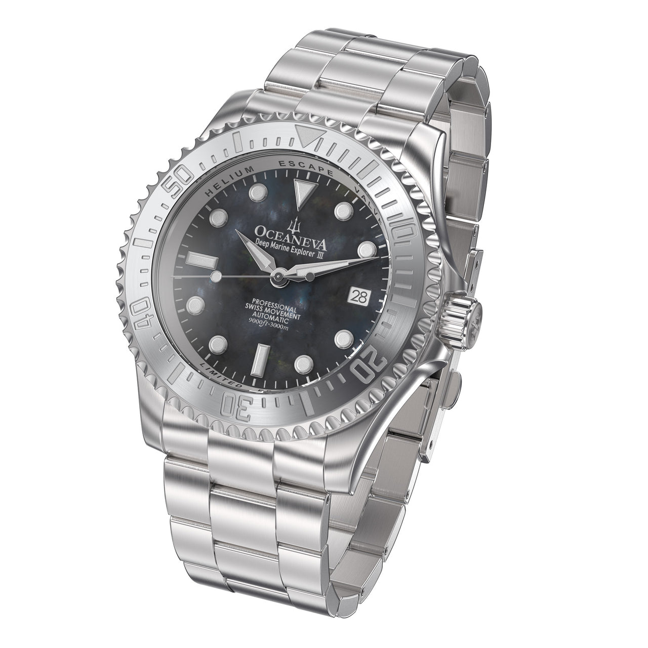 Oceaneva 3000M Dive Watch Gun Metal Gray Mother of Pearl Stainless Front Picture Slight Left Slant View
