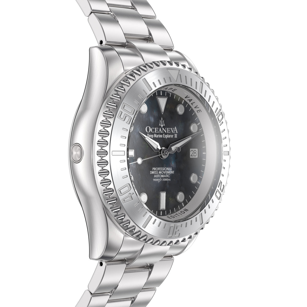 Oceaneva 3000M Dive Watch Gun Metal Gray Mother of Pearl Stainless Side Helium Escape Valve View