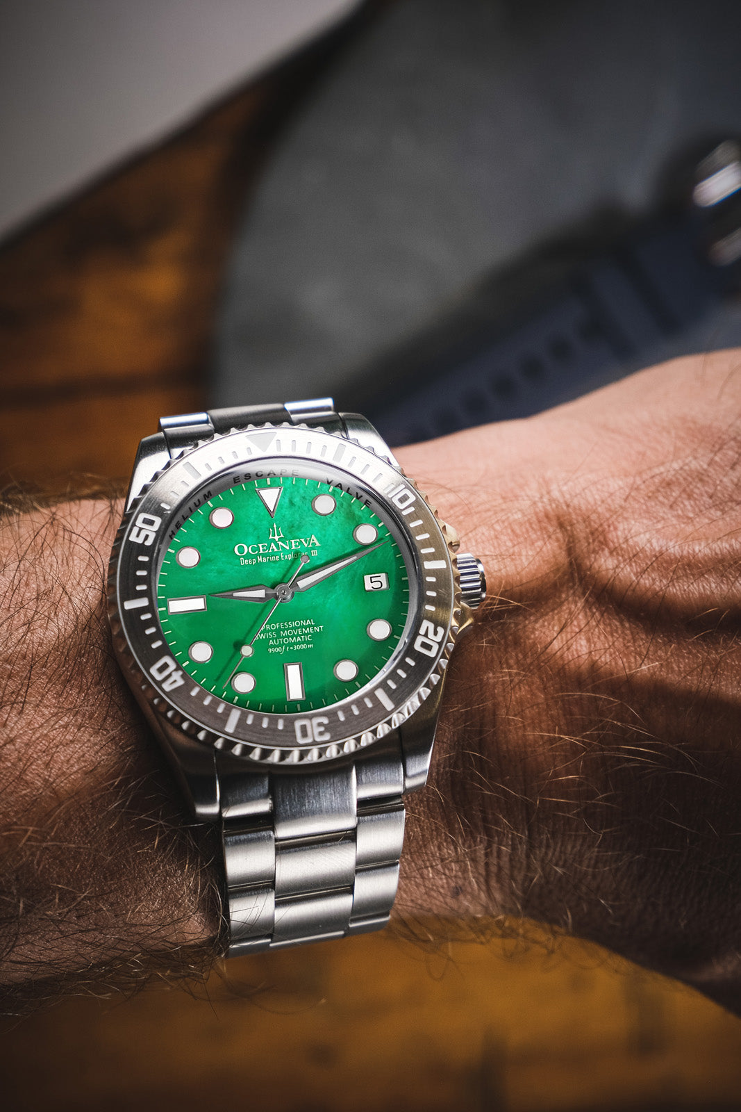 Oceaneva 3000M Dive Watch Green Mother of Pearl Stainless On Wrist