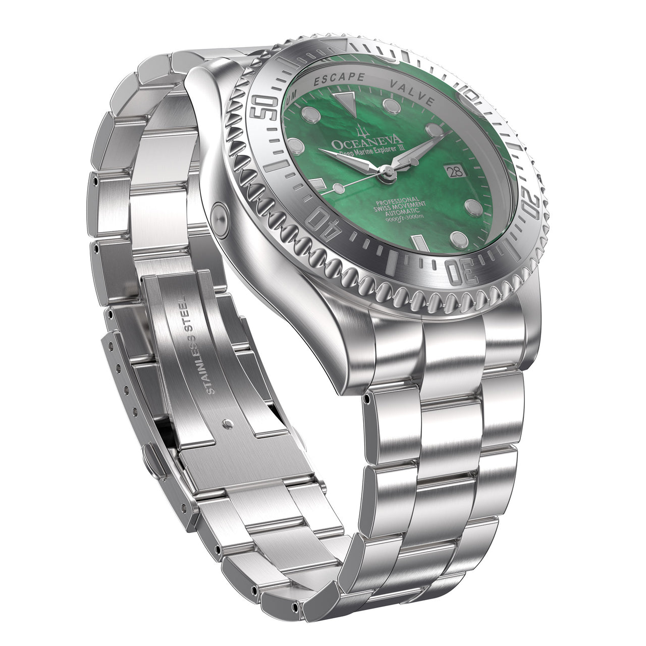Oceaneva 3000M Dive Watch Green Mother of Pearl Stainless Front Picture Slight Right Slant View