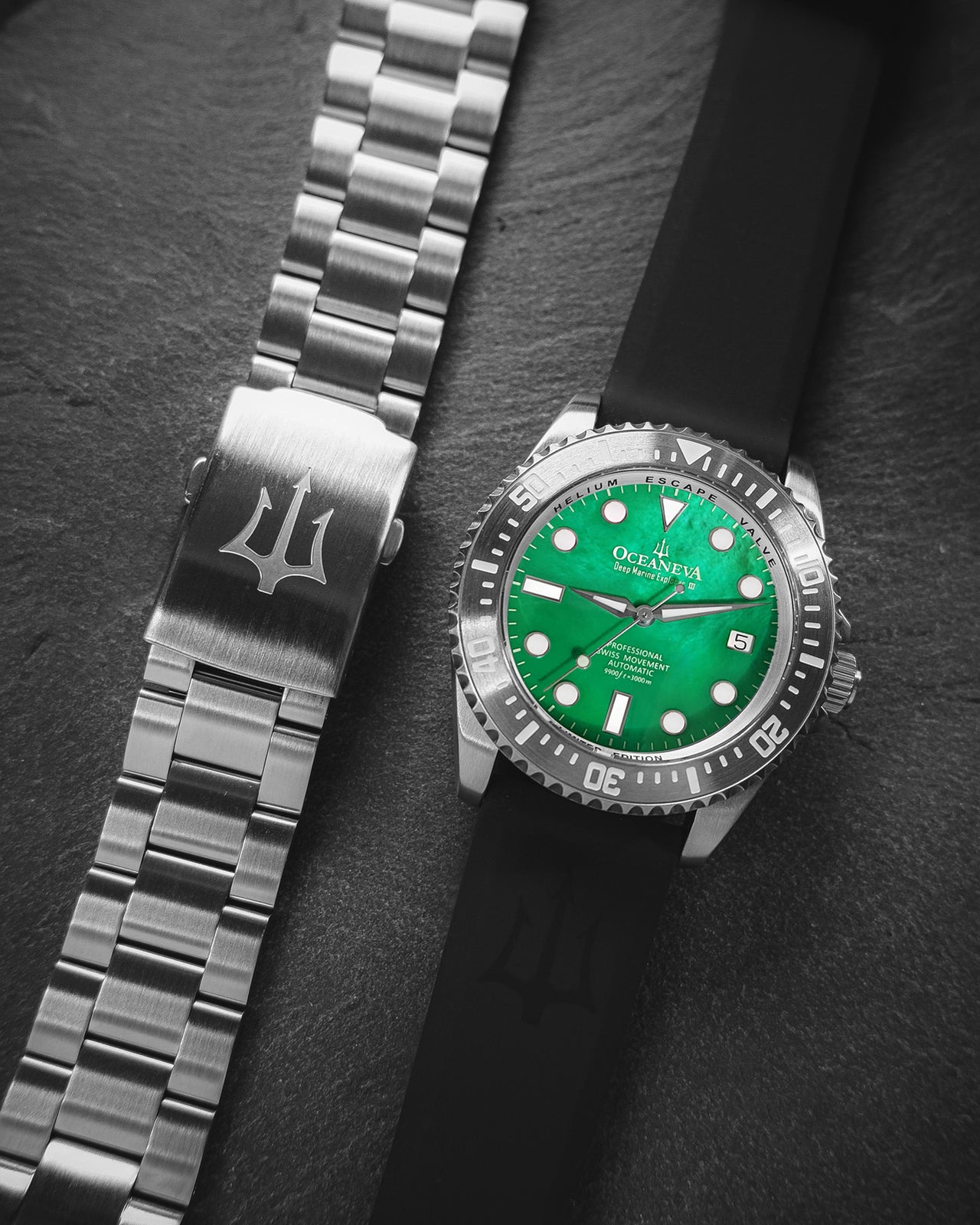 Oceaneva 3000M Dive Watch Green Mother of Pearl Stainless Front Pictured With Rubber Strap