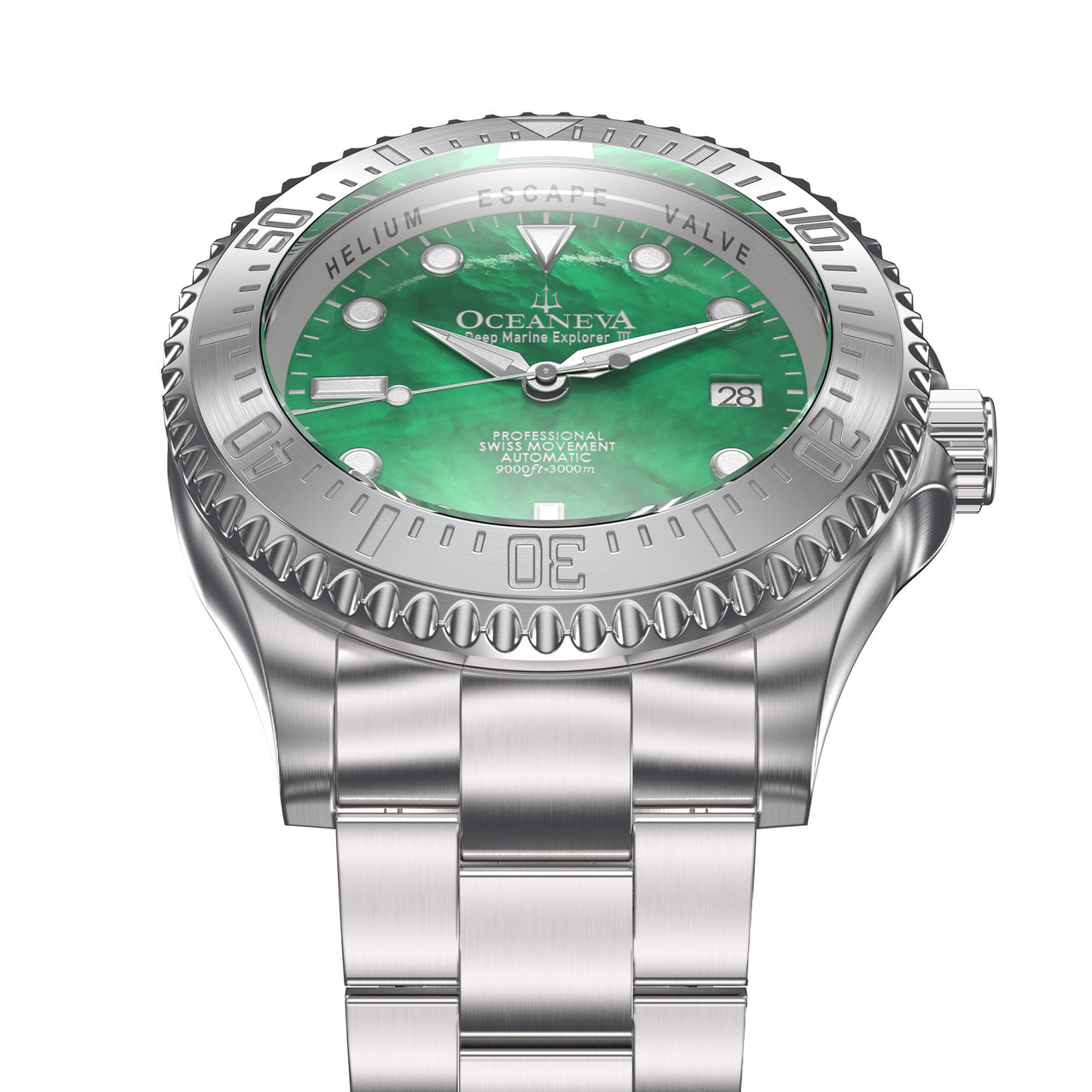Oceaneva 3000M Dive Watch Green Mother of Pearl Stainless Frontal View Picture