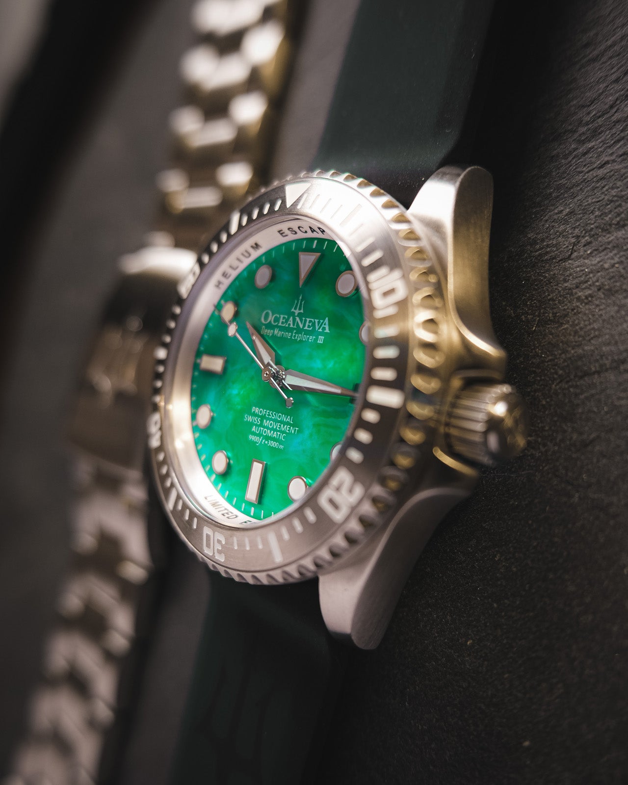Oceaneva 3000M Dive Watch Green Mother of Pearl Stainless Side View With Rubber Strap