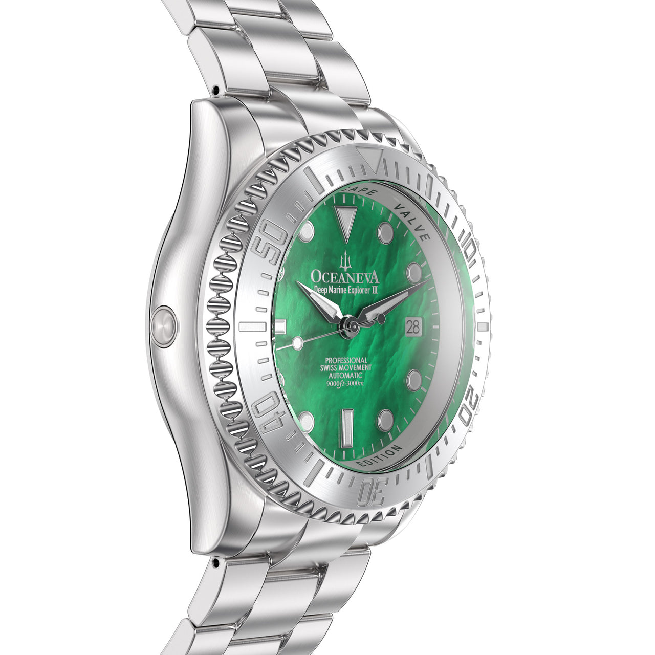Oceaneva 3000M Dive Watch Green Mother of Pearl Stainless Side Helium Escape Valve View