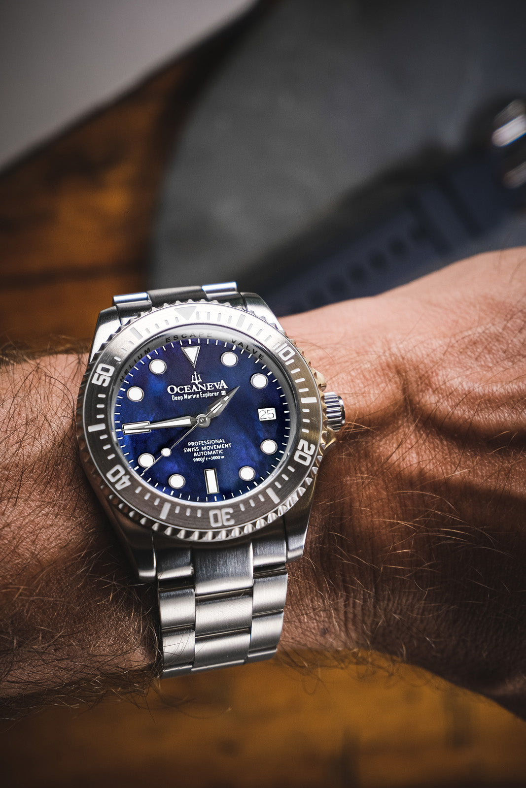Oceaneva 3000M Dive Watch Navy Blue Mother of Pearl Stainless On Wrist
