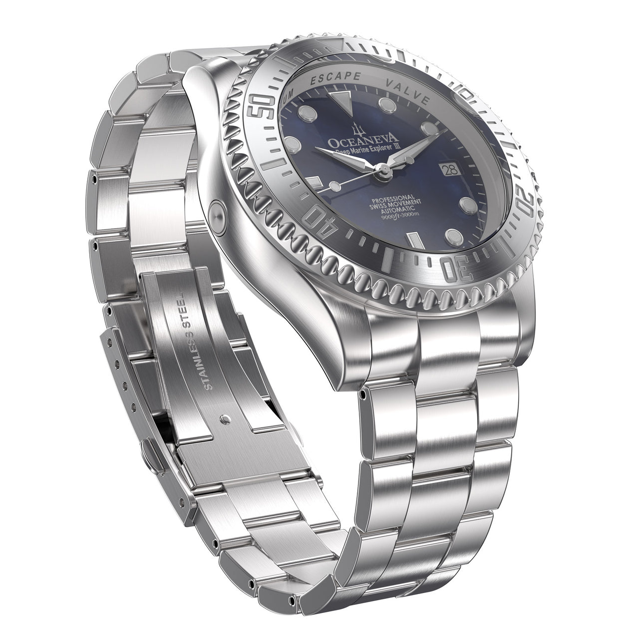 Oceaneva 3000M Dive Watch Navy Blue Mother of Pearl Stainless Front Picture Slight Right Slant View