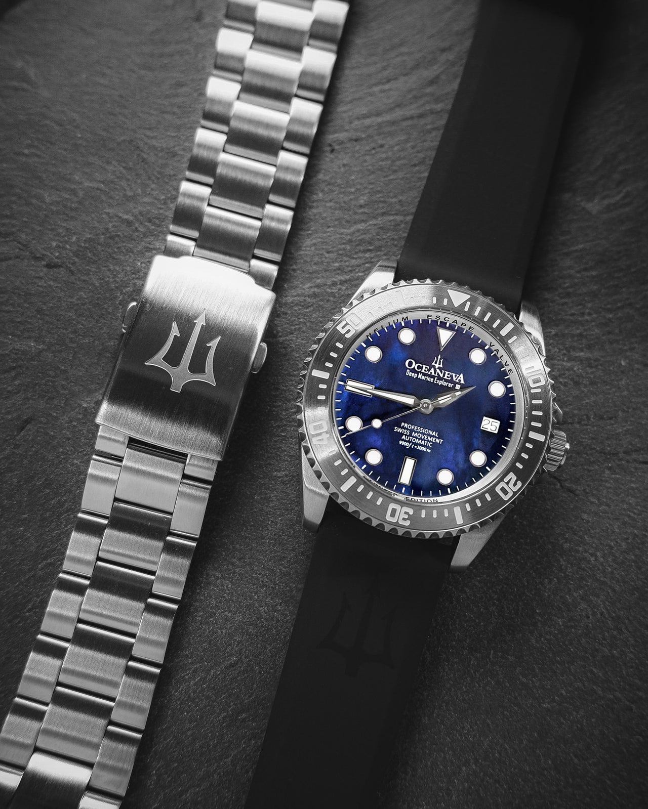 Oceaneva 3000M Dive Watch Navy Blue Mother of Pearl Stainless Front Pictured With Rubber Strap