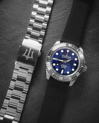 Thumbnail for Oceaneva 3000M Dive Watch Navy Blue Mother of Pearl Stainless Front Pictured With Rubber Strap