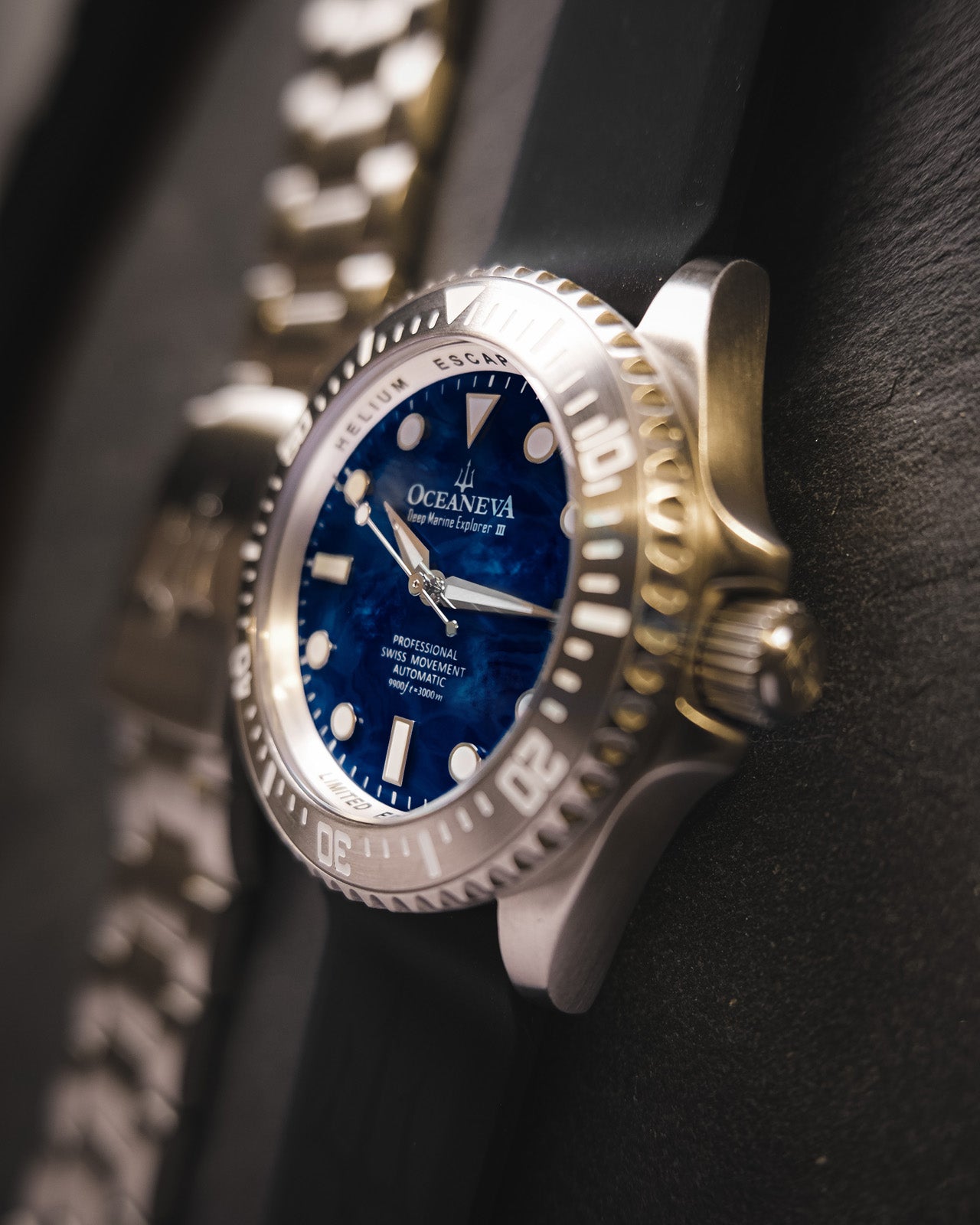 Oceaneva 3000M Dive Watch Navy Blue Mother of Pearl Stainless Side View With Rubber Strap