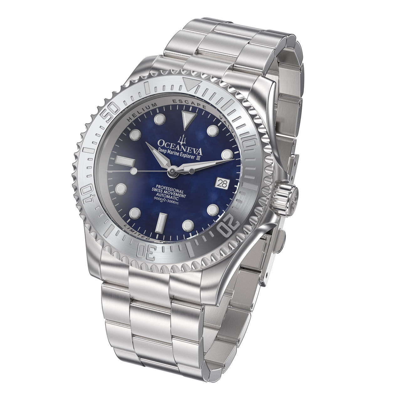 Oceaneva 3000M Dive Watch Navy Blue Mother of Pearl Stainless Front Picture Slight Left Slant View