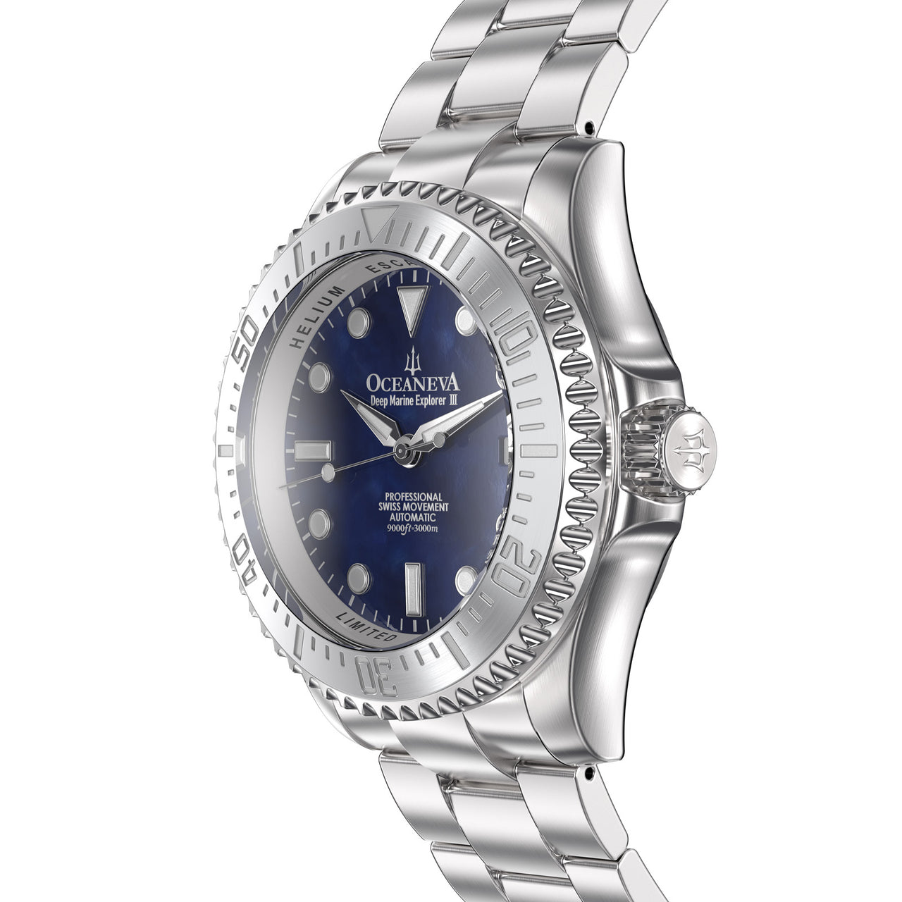 Oceaneva 3000M Dive Watch Navy Blue Mother of Pearl Stainless Side View Crown