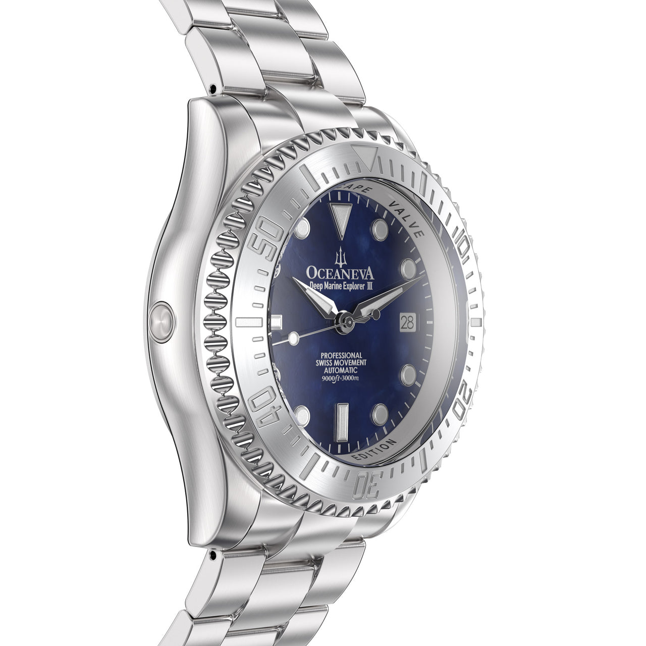 Oceaneva 3000M Dive Watch Navy Blue Mother of Pearl Stainless Side Helium Escape Valve View