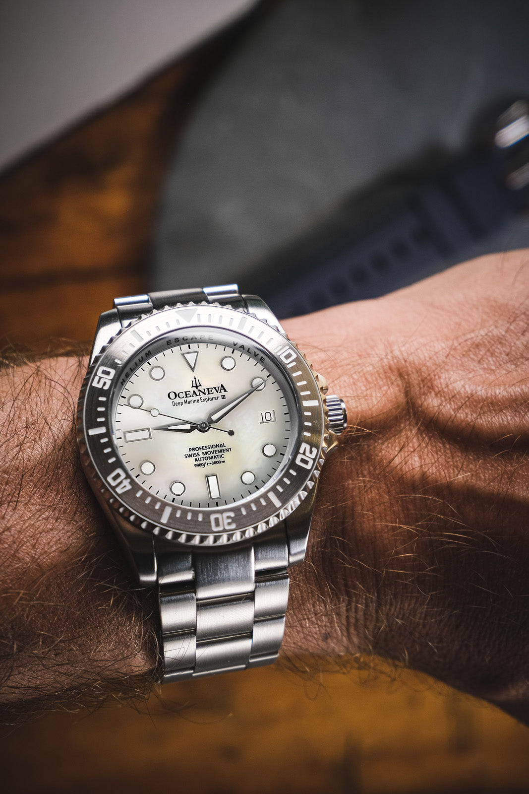 Oceaneva 3000M Dive Watch White Mother of Pearl Stainless On Wrist