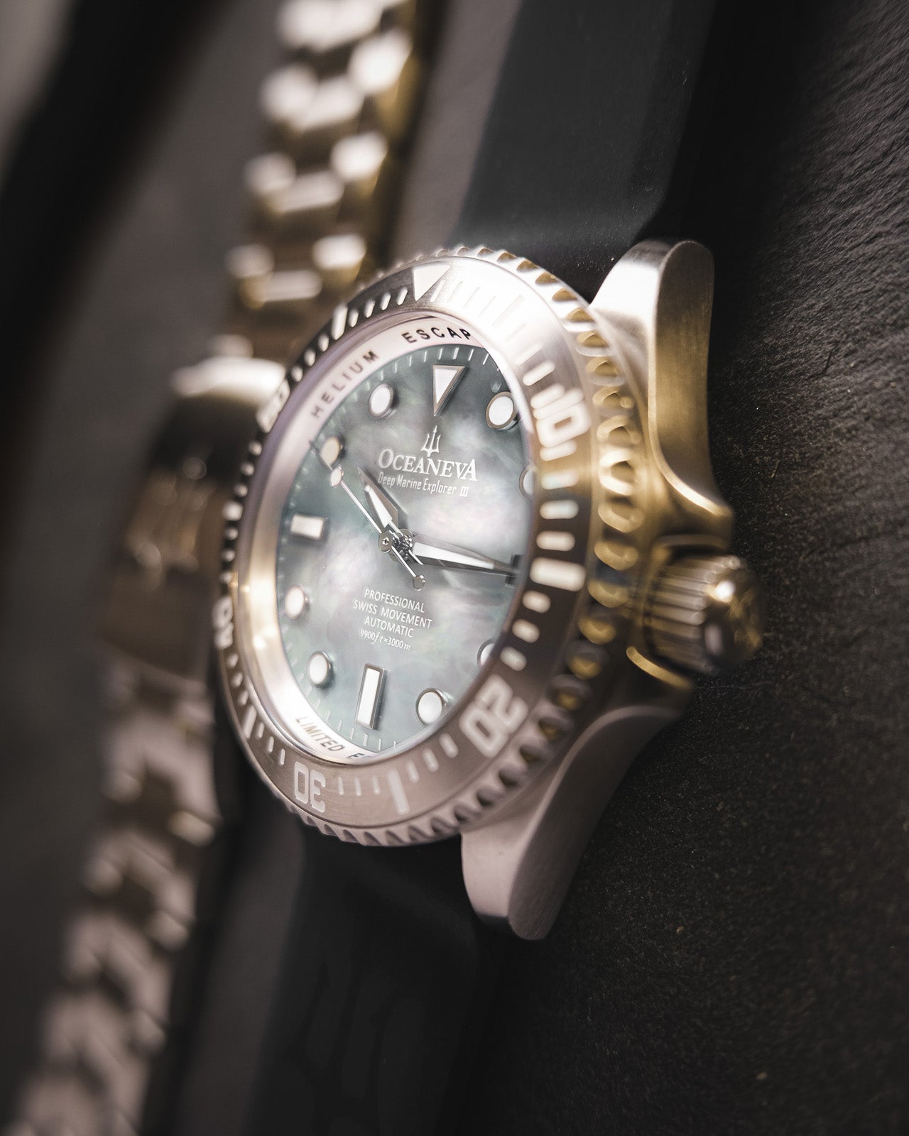 Oceaneva 3000M Dive Watch White Mother of Pearl Stainless Side View With Rubber Strap