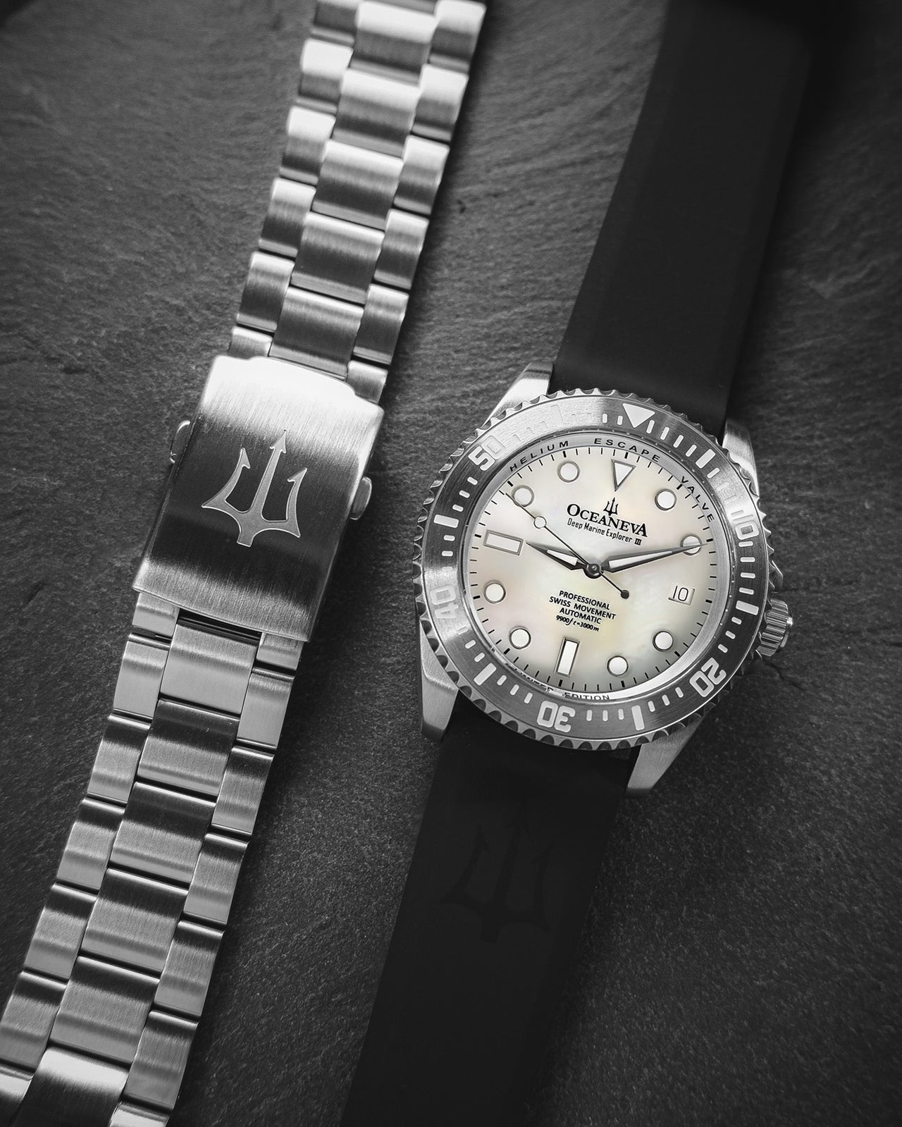 Oceaneva 3000M Dive Watch White Mother of Pearl Stainless Front Pictured With Rubber Strap
