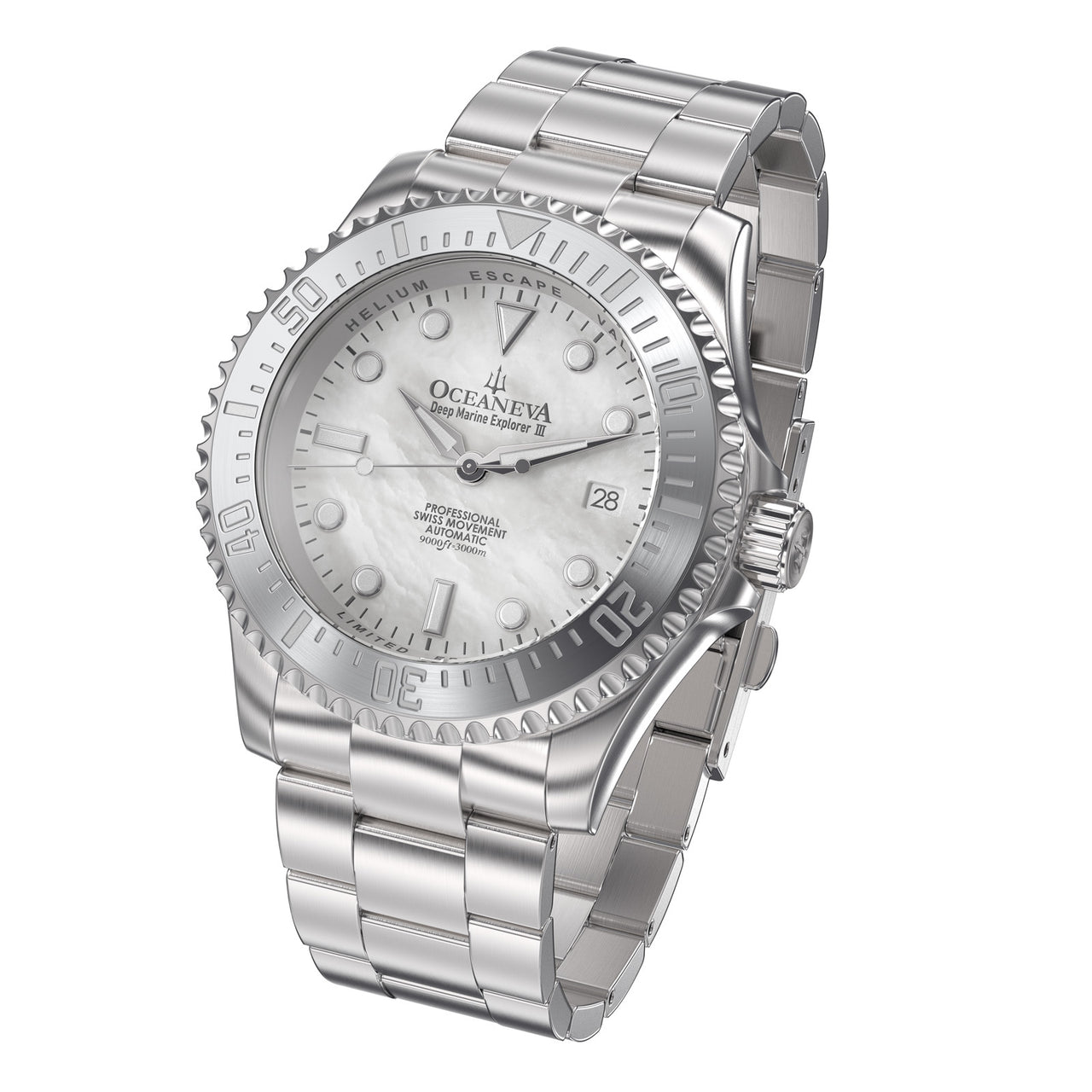 Oceaneva 3000M Dive Watch White Mother of Pearl Stainless Front Picture Slight Left Slant View