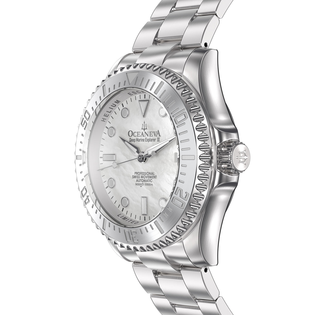Oceaneva 3000M Dive Watch White Mother of Pearl Stainless Side View Crown