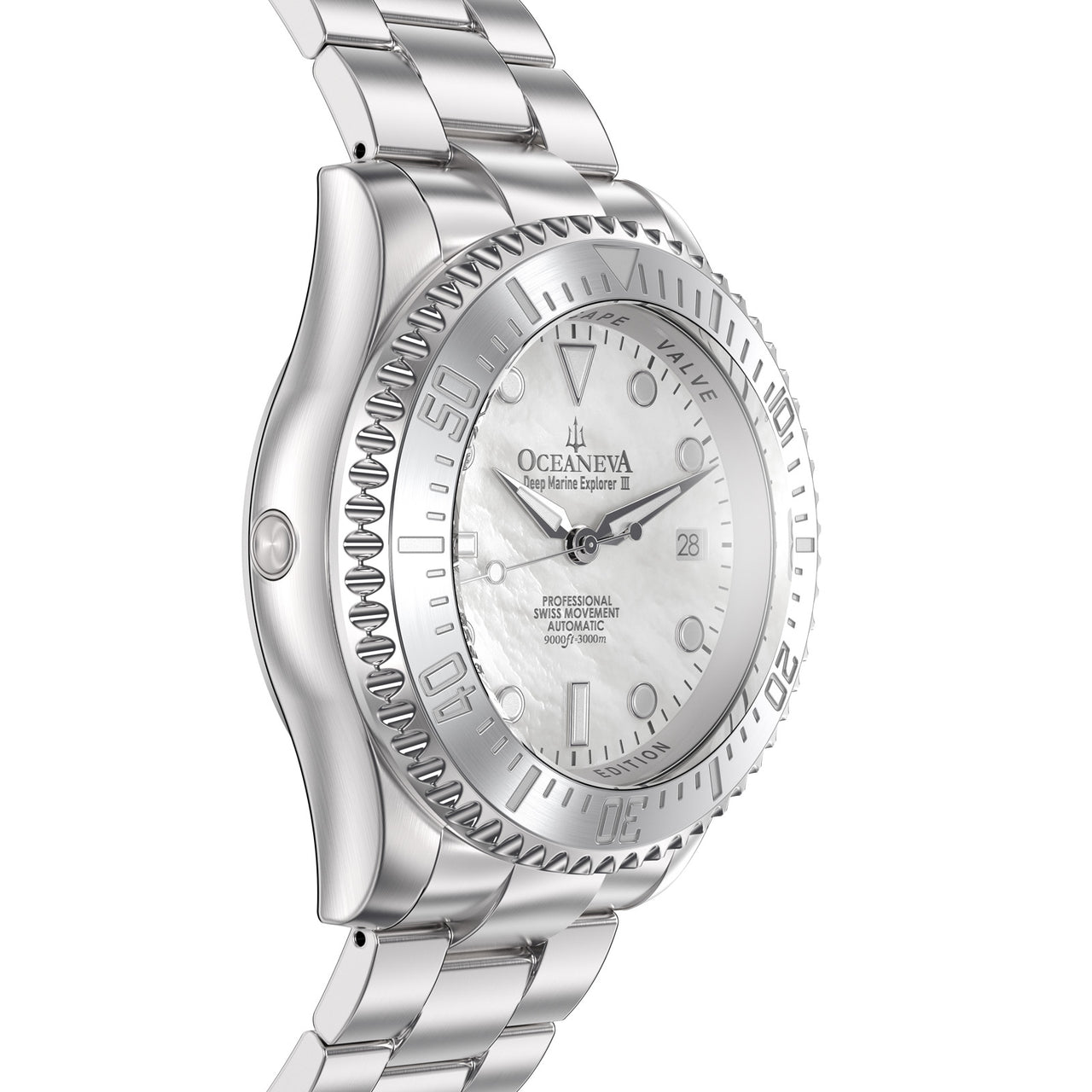 Oceaneva 3000M Dive Watch White Mother of Pearl Stainless Side Helium Escape Valve View