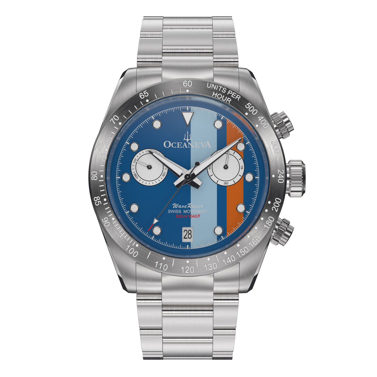 Oceaneva™ Men's WaveRacer™ 500M Pro Diver Blue Dial Racing Stripes Chronograph Watch