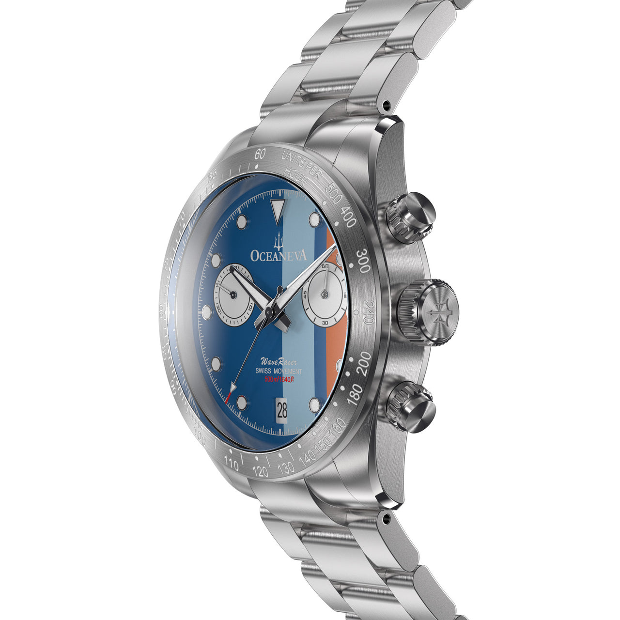 Oceaneva Blue Striped Chronograph Watch Side View Crown