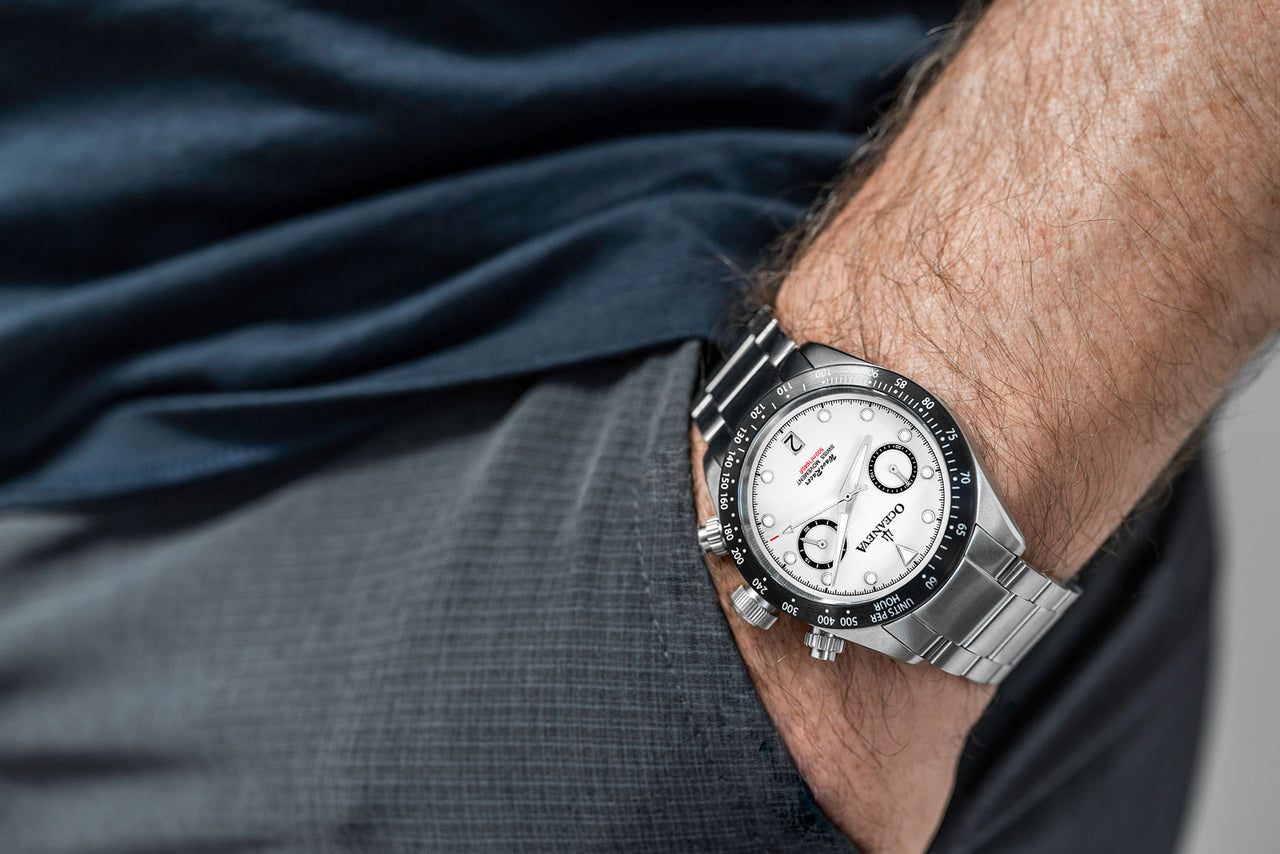 Oceaneva™ Men's WaveRacer™ 500M Pro Diver White Dial Panda Chronograph Watch wearing on wrist