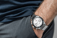 Thumbnail for Oceaneva™ Men's WaveRacer™ 500M Pro Diver White Dial Panda Chronograph Watch wearing on wrist