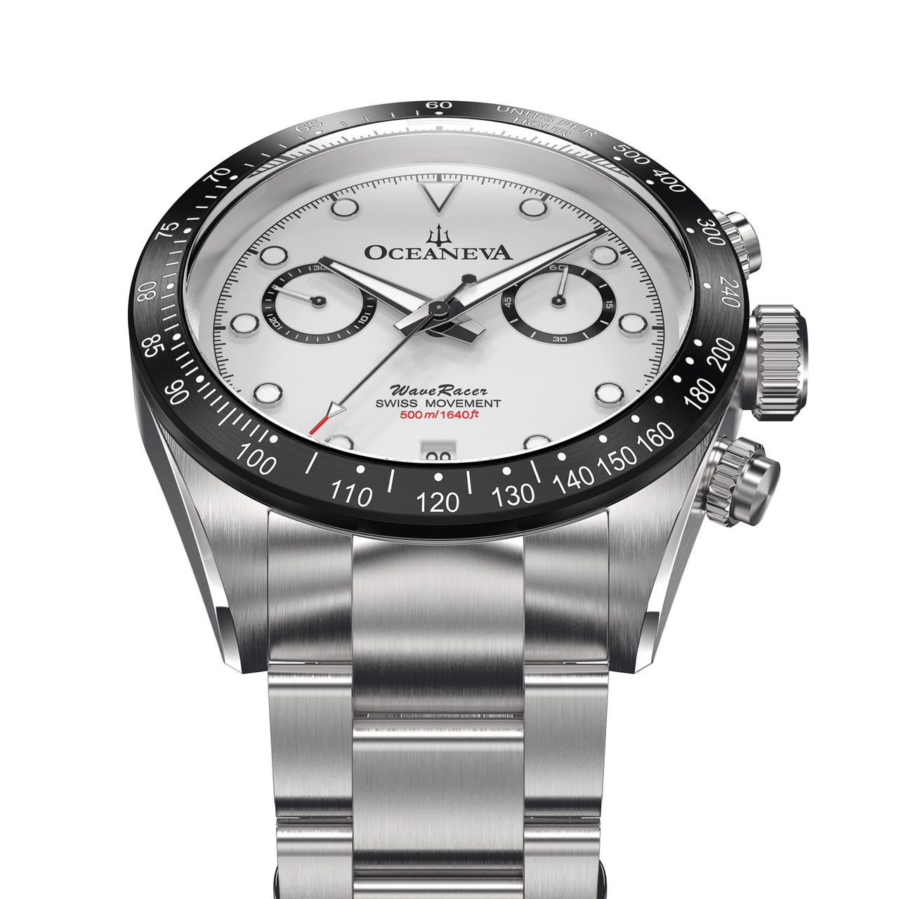 Oceaneva™ Men's WaveRacer™ 500M Pro Diver White Dial Panda Chronograph Watch frontal view