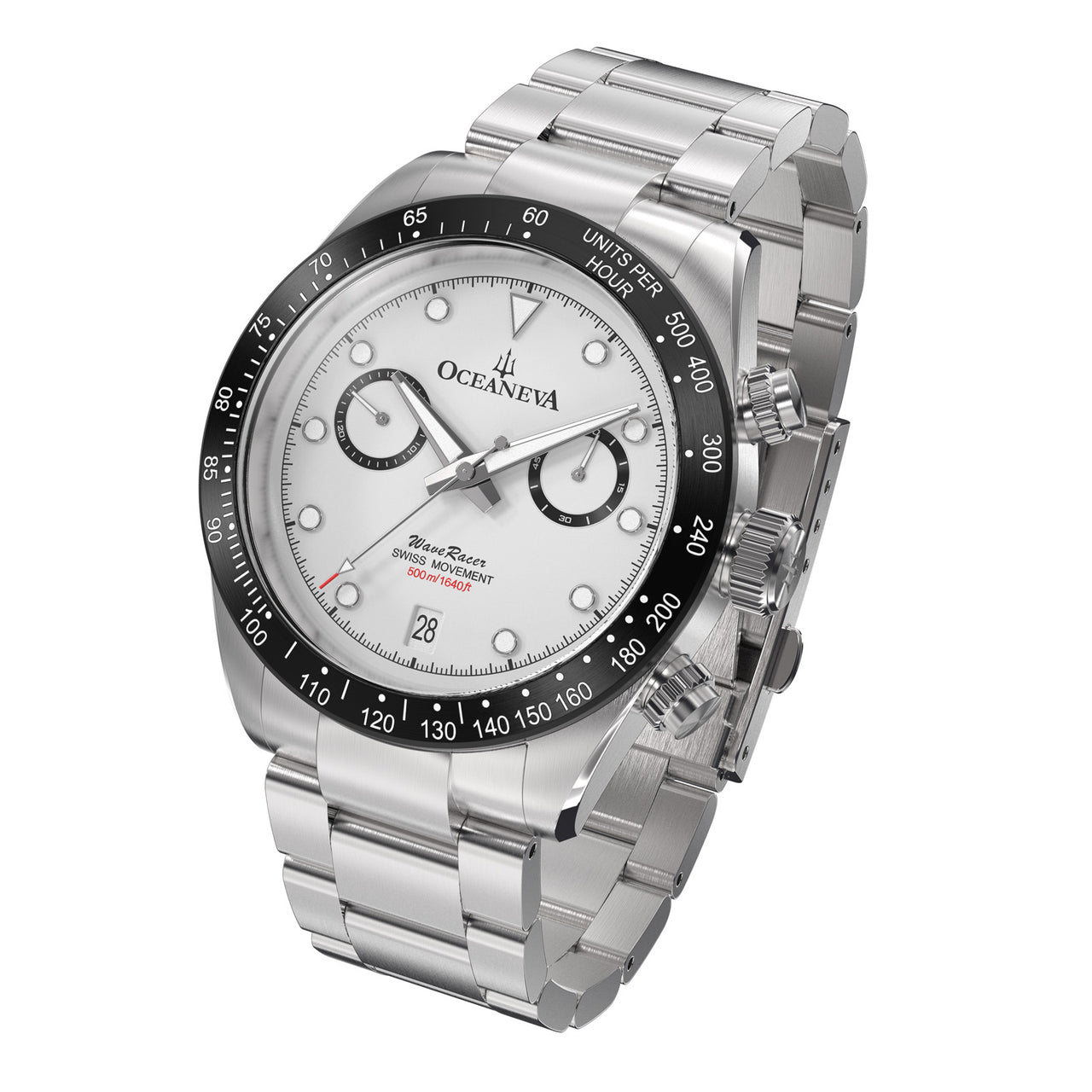 Oceaneva™ Men's WaveRacer™ 500M Pro Diver White Dial Panda Chronograph Watch Left Slant View