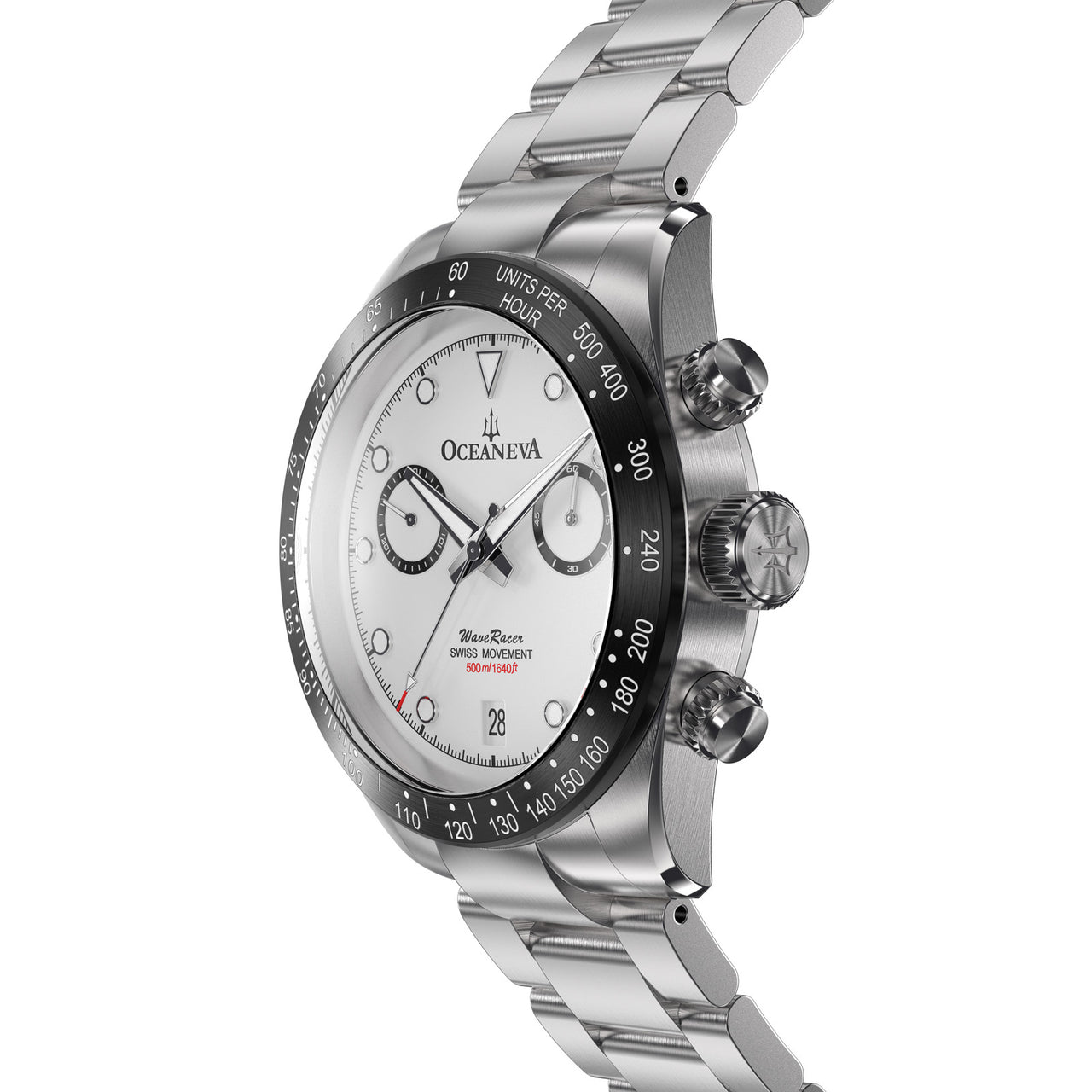 Oceaneva™ Men's WaveRacer™ 500M Pro Diver White Dial Panda Chronograph Watch Crown side view