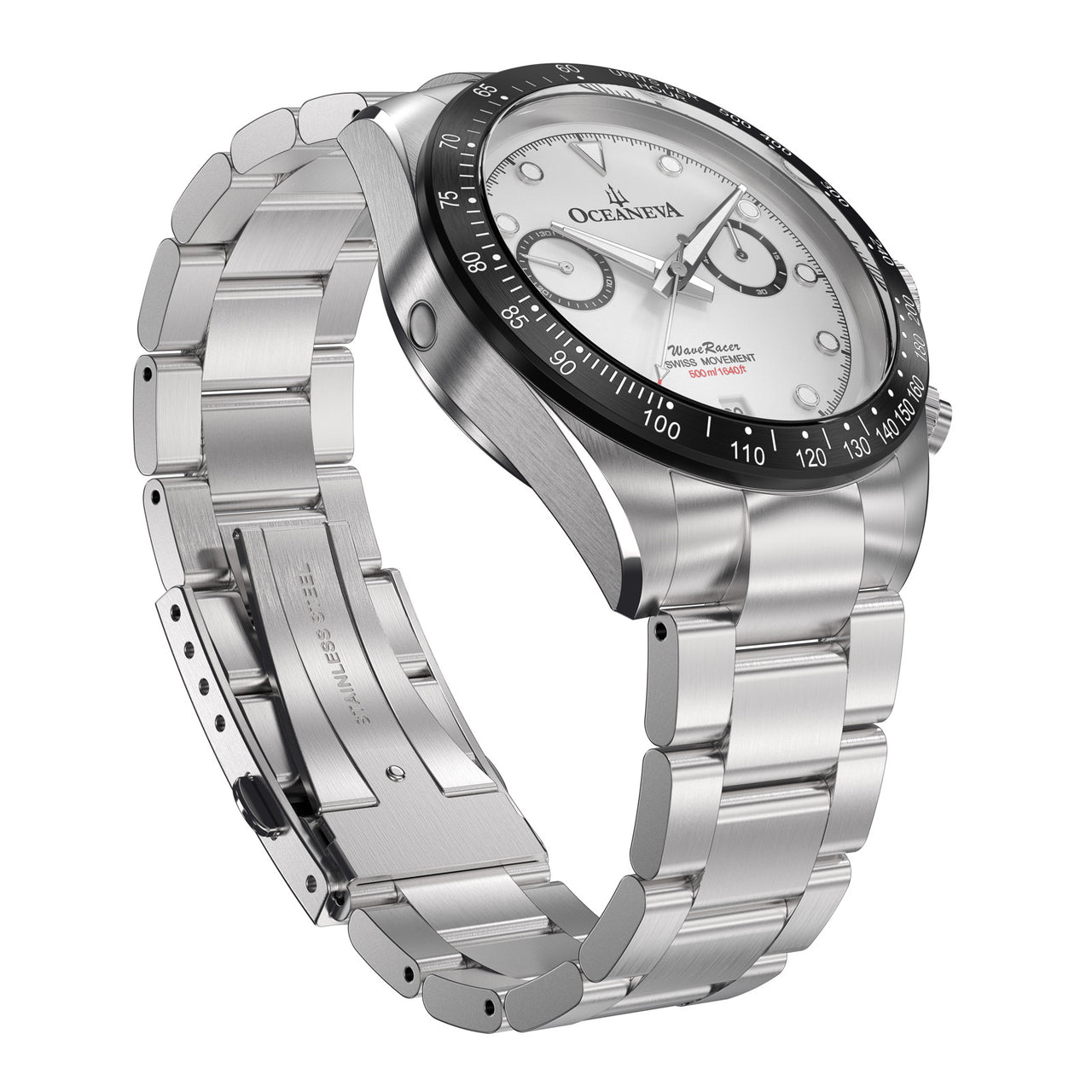 Oceaneva™ Men's WaveRacer™ 500M Pro Diver White Dial Panda Chronograph Watch At Angle Show Inner Clasp