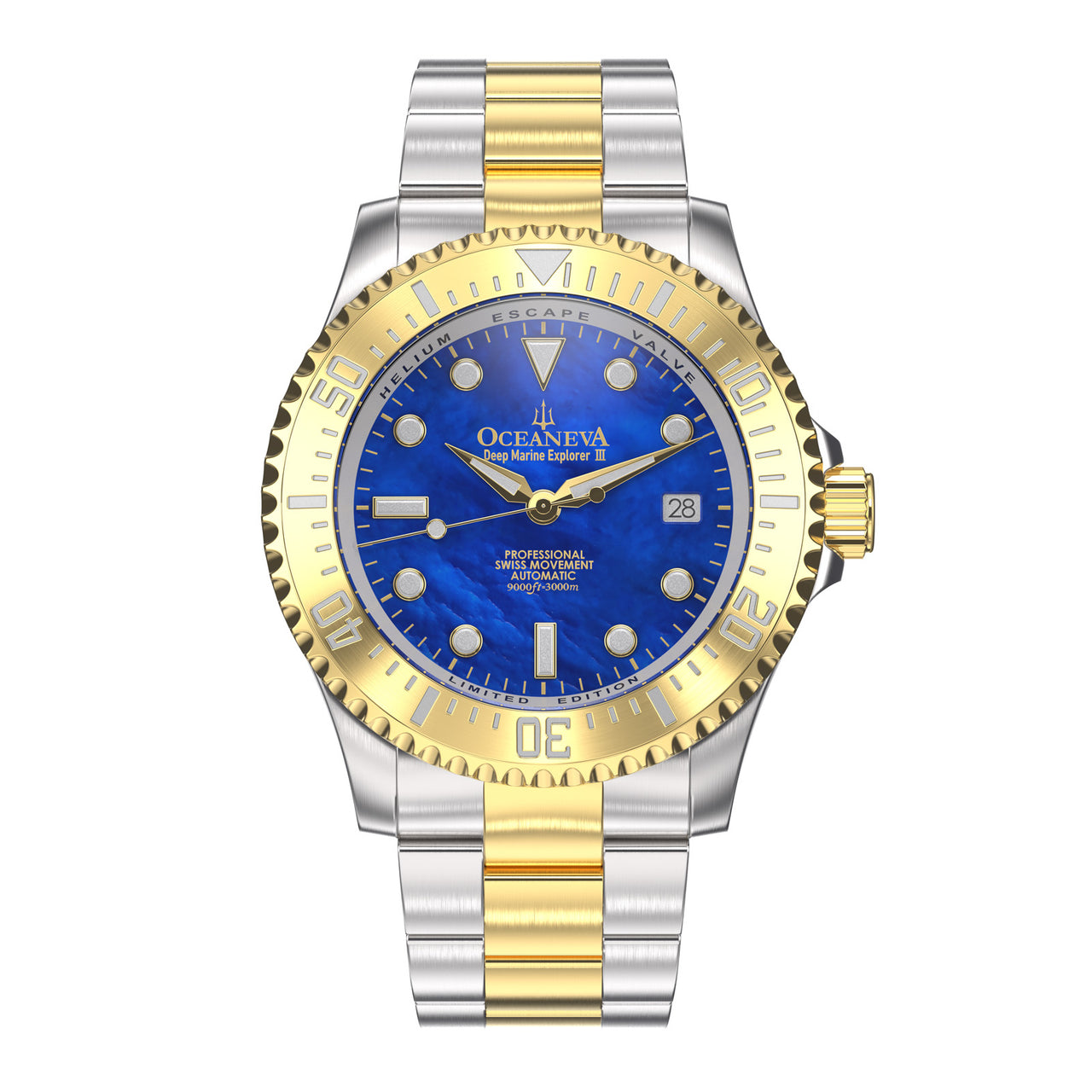 Oceaneva Men's Deep Marine Explorer III 3000M Pro Diver Watch Blue Mother of Pearl Dial Yellow Gold