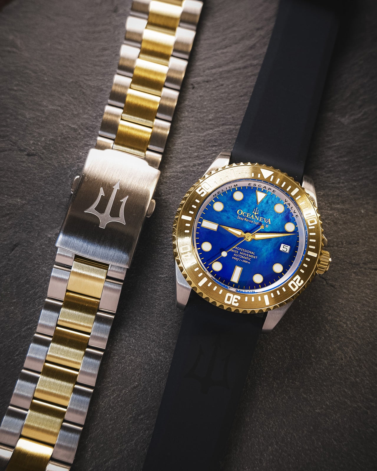 Oceaneva 3000M Dive Watch Blue Mother of Pearl and Gold Front Pictured With Rubber Strap