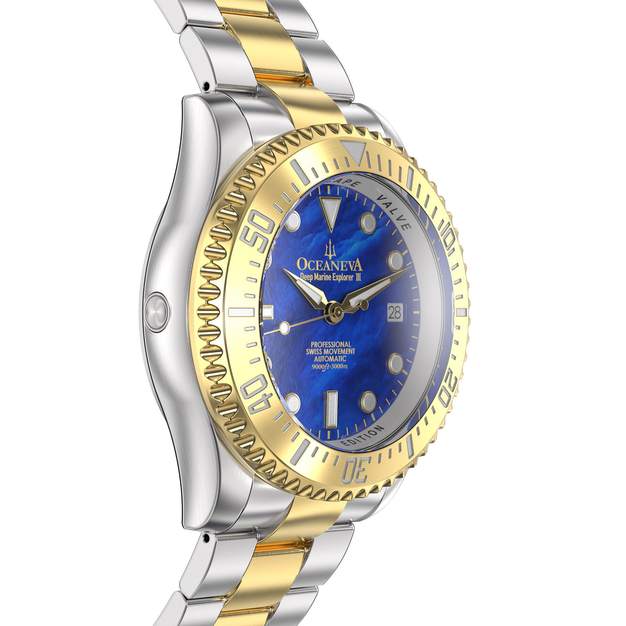 Oceaneva 3000M Dive Watch Blue Mother of Pearl and Gold Side Helium Escape Valve View
