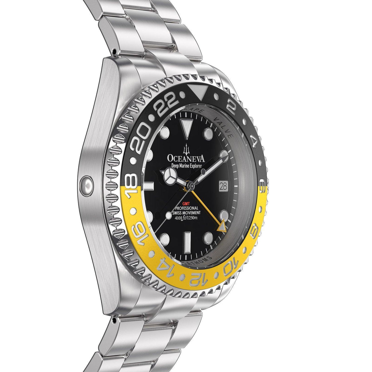 Oceaneva Men's GMT Deep Marine Explorer 1250M Pro Diver Watch Yellow and Black Diver Watch - BK.RH.YL.GMT.ST 1250M diver, BGW9 Swiss-Superluminova, Dive Watch, GMT, GMT Wach, GMT Watch, Ronda Movement, Stainless Steel Dive Watch, Stainless Steel Watch, Swiss Quartz Movement