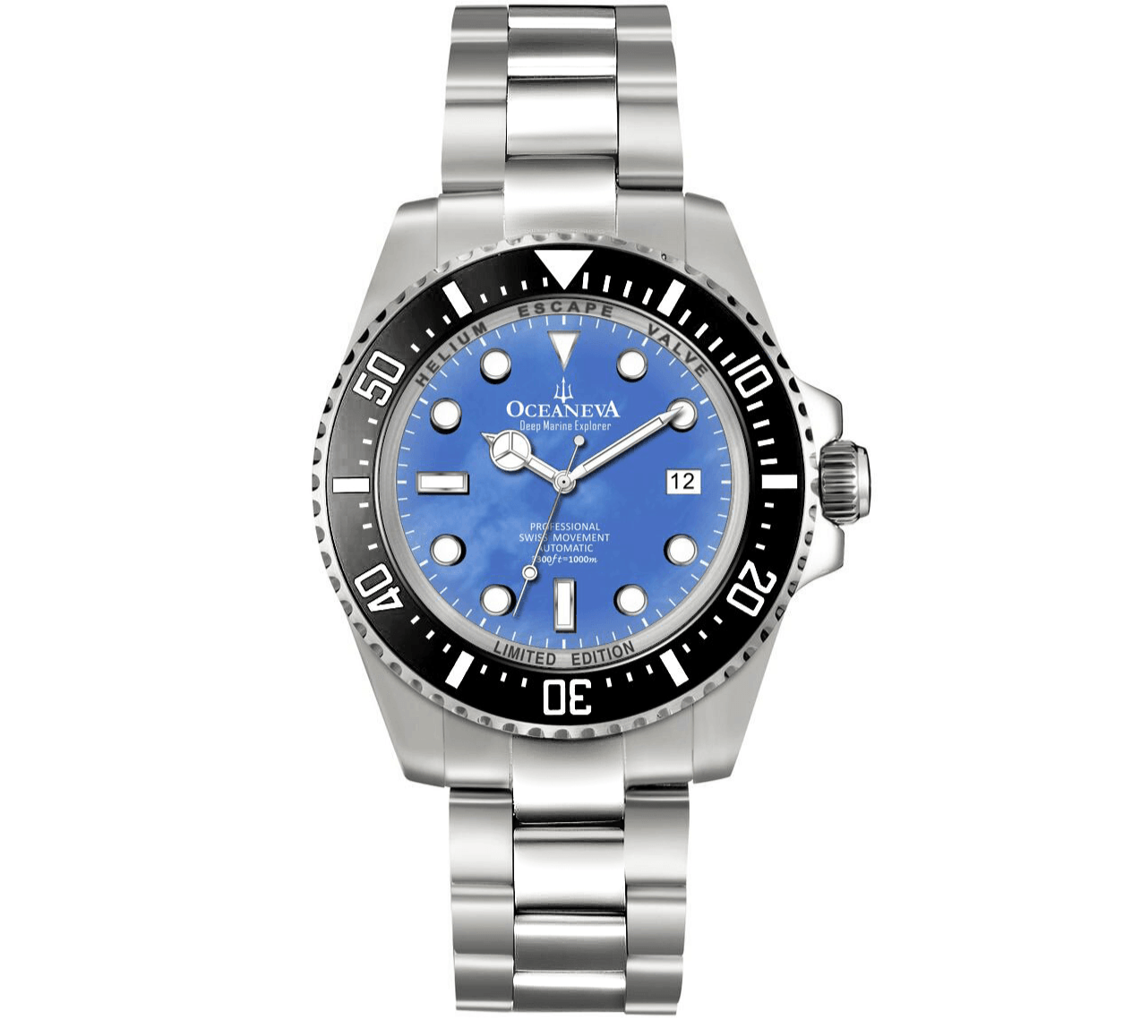 Oceaneva Men's Deep Marine Explorer 1000M Pro Diver Watch Blue Mother Of Pearl - BK200BLMOPST 1000M, 1000m Dive watch, 316L Stainless Steel, BGW9 Swiss Super-Luminova, Ceramic Beze, Dive Watch, Sw200-1 Swiss Automatic Movement