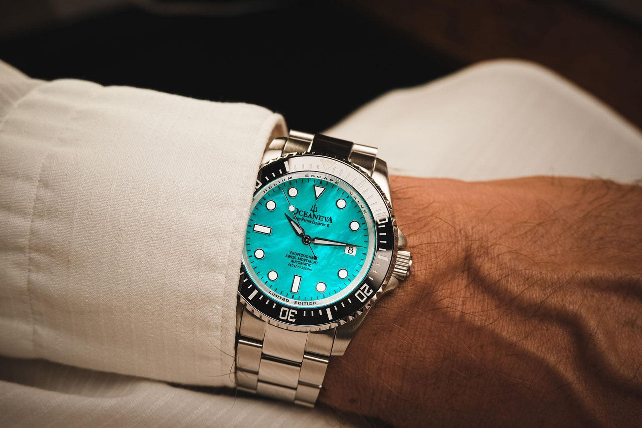 Oceaneva Men's Deep Marine Explorer II 1250M Pro Diver Watch Aquamarine Mother of Pearl Dial - BKII200AQMOPST 1000M, 1250M diver, 316L Stainless Steel Watch, Automatic Watch, Ceramic Bezel, Dive Watch