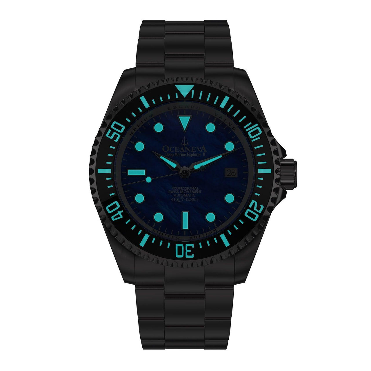 Oceaneva Men's Deep Marine Explorer II 1250M Pro Diver Watch Blue Mother Of Pearl - BKII200BLMOPST 1000M, 1250M diver, 316L Stainless Steel Watch, Automatic Watch, BGW9 Swiss-Superluminova, Ceramic Bezel, Dive Watch, Sw200-1 Swiss Automatic Movement