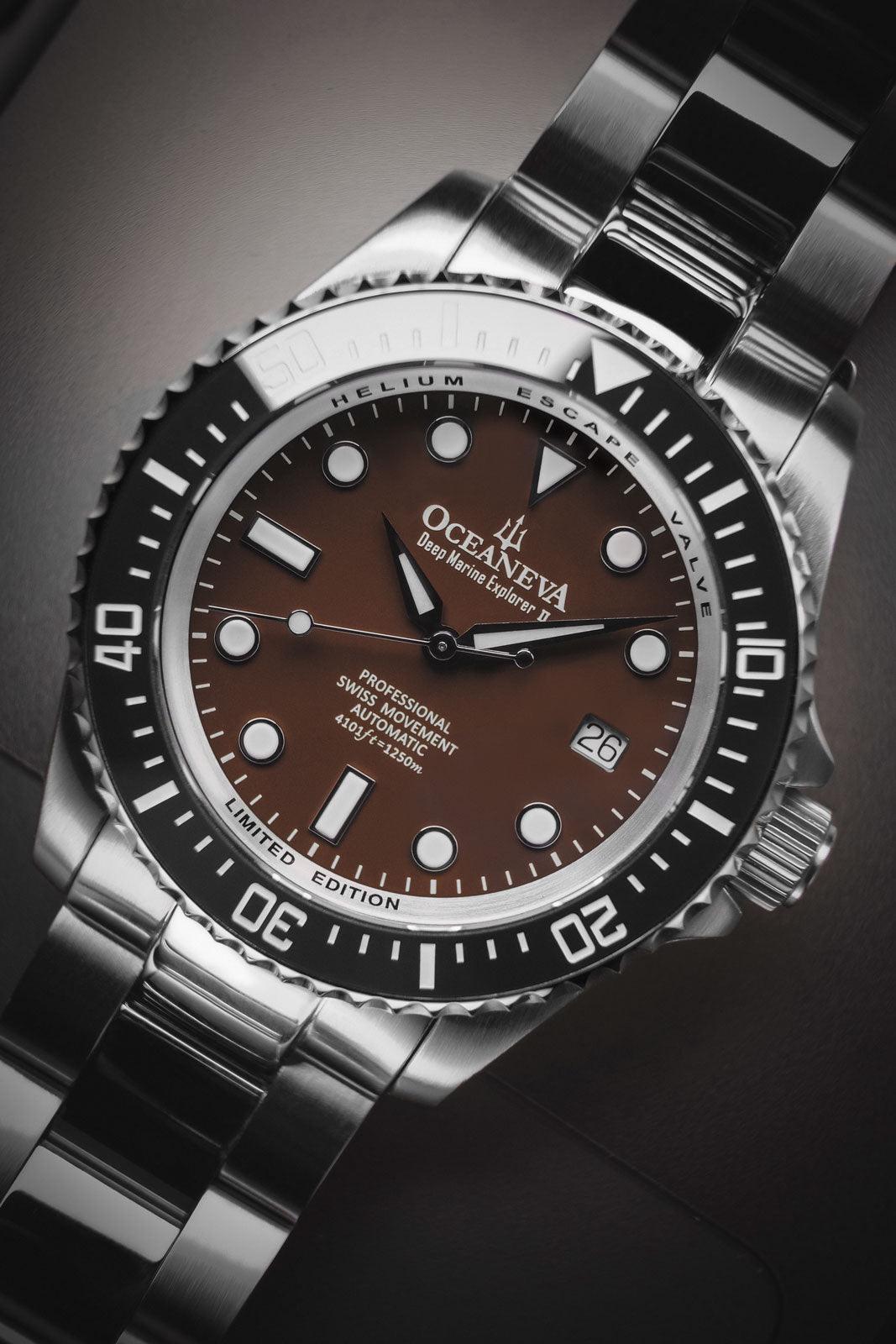 Oceaneva Men's Deep Marine Explorer II 1250M Pro Diver Watch Black and Brown - BKII200BRST 1000M, 1250M, 316L Stainless Steel Watch, Automatic Watch, BGW9 Swiss-Superluminova, Ceramic Bezel, Dive Watch, Sw200-1 Swiss Automatic Movement