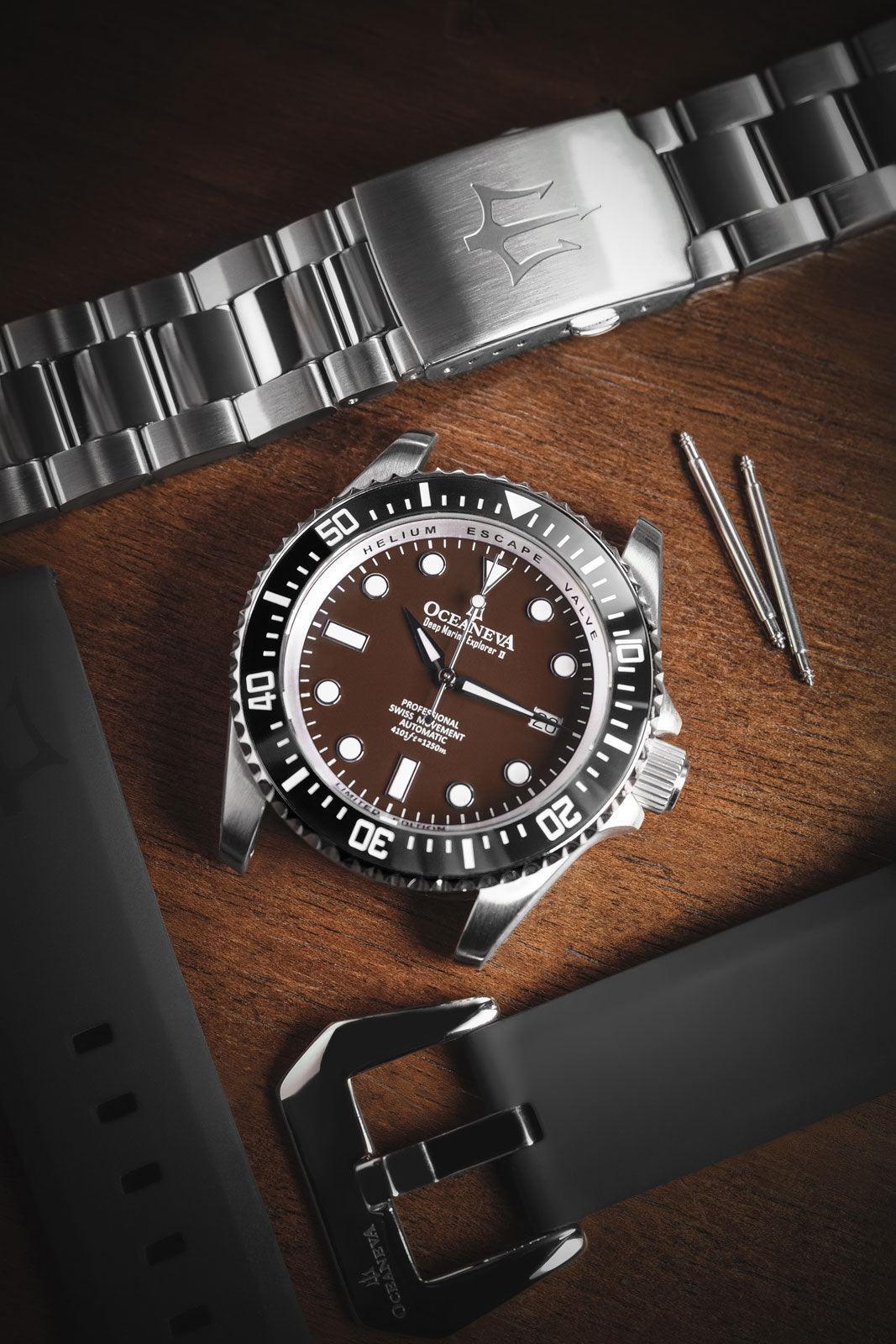Oceaneva Men's Deep Marine Explorer II 1250M Pro Diver Watch Black and Brown - BKII200BRST 1000M, 1250M, 316L Stainless Steel Watch, Automatic Watch, BGW9 Swiss-Superluminova, Ceramic Bezel, Dive Watch, Sw200-1 Swiss Automatic Movement