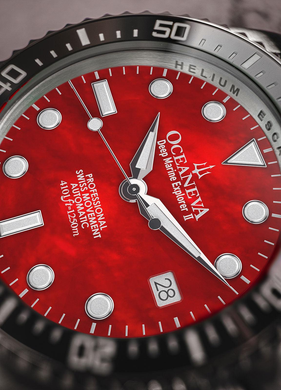 Oceaneva Men's Deep Marine Explorer II 1250M Pro Diver Watch Red Mother of Pearl Dial - BKII200RDMOPST 1000M, 1250M diver, 316L Stainless Steel Watch, Automatic Watch, BGW9 Swiss-Superluminova, Ceramic Bezel, Dive Watch, Sw200-1 Swiss Automatic Movement