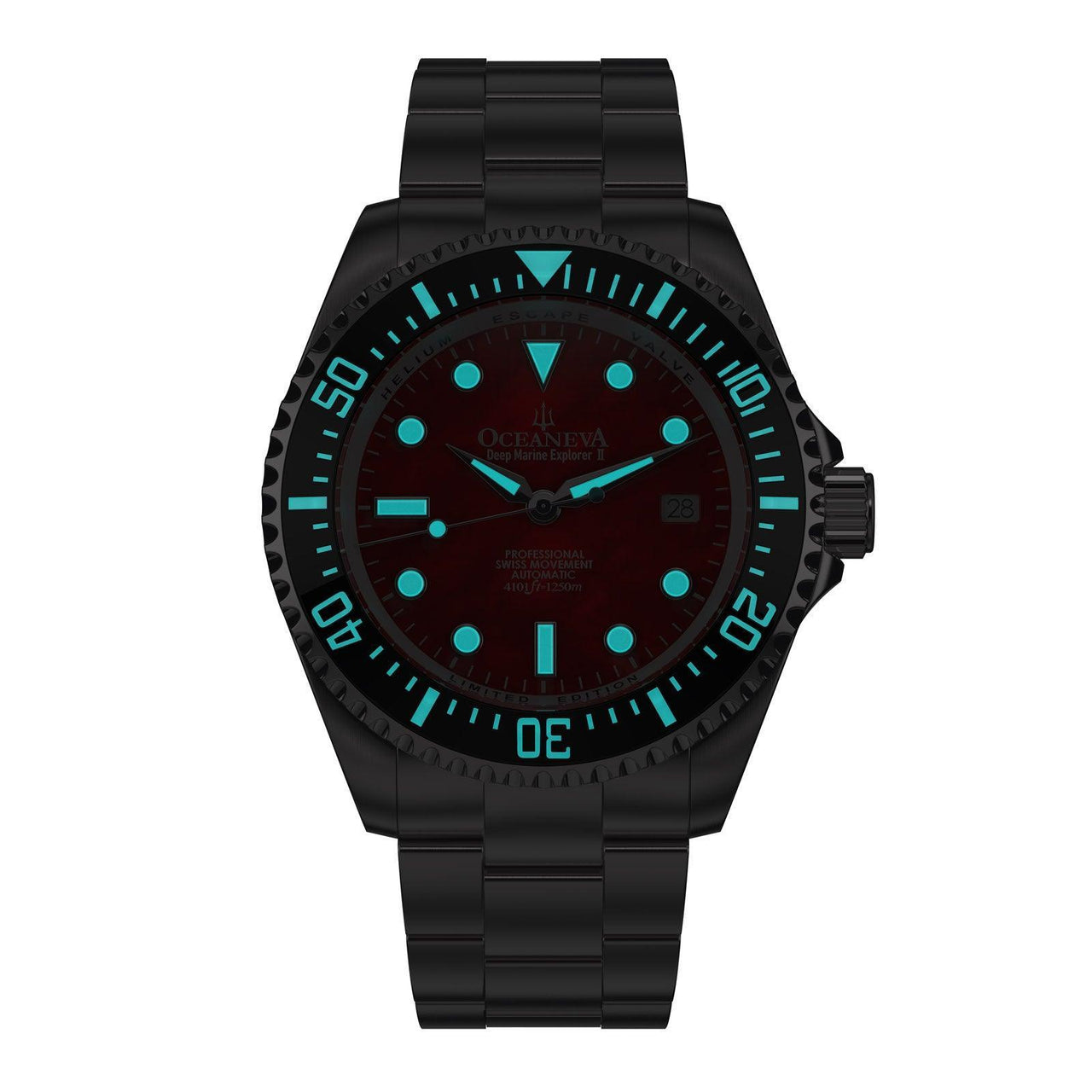 Oceaneva Men's Deep Marine Explorer II 1250M Pro Diver Watch Red Mother of Pearl Dial - BKII200RDMOPST 1000M, 1250M diver, 316L Stainless Steel Watch, Automatic Watch, BGW9 Swiss-Superluminova, Ceramic Bezel, Dive Watch, Sw200-1 Swiss Automatic Movement