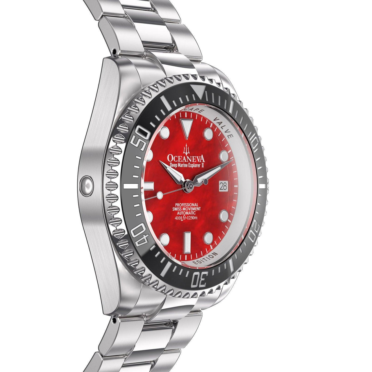 Oceaneva Men's Deep Marine Explorer II 1250M Pro Diver Watch Red Mother of Pearl Dial - BKII200RDMOPST 1000M, 1250M diver, 316L Stainless Steel Watch, Automatic Watch, BGW9 Swiss-Superluminova, Ceramic Bezel, Dive Watch, Sw200-1 Swiss Automatic Movement