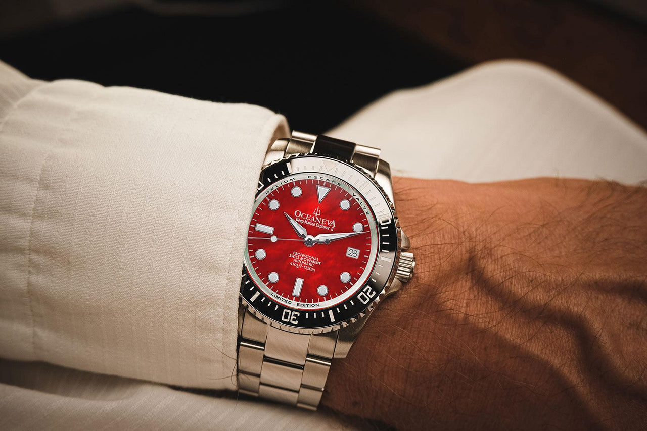 Oceaneva Men's Deep Marine Explorer II 1250M Pro Diver Watch Red Mother of Pearl Dial - BKII200RDMOPST 1000M, 1250M diver, 316L Stainless Steel Watch, Automatic Watch, BGW9 Swiss-Superluminova, Ceramic Bezel, Dive Watch, Sw200-1 Swiss Automatic Movement