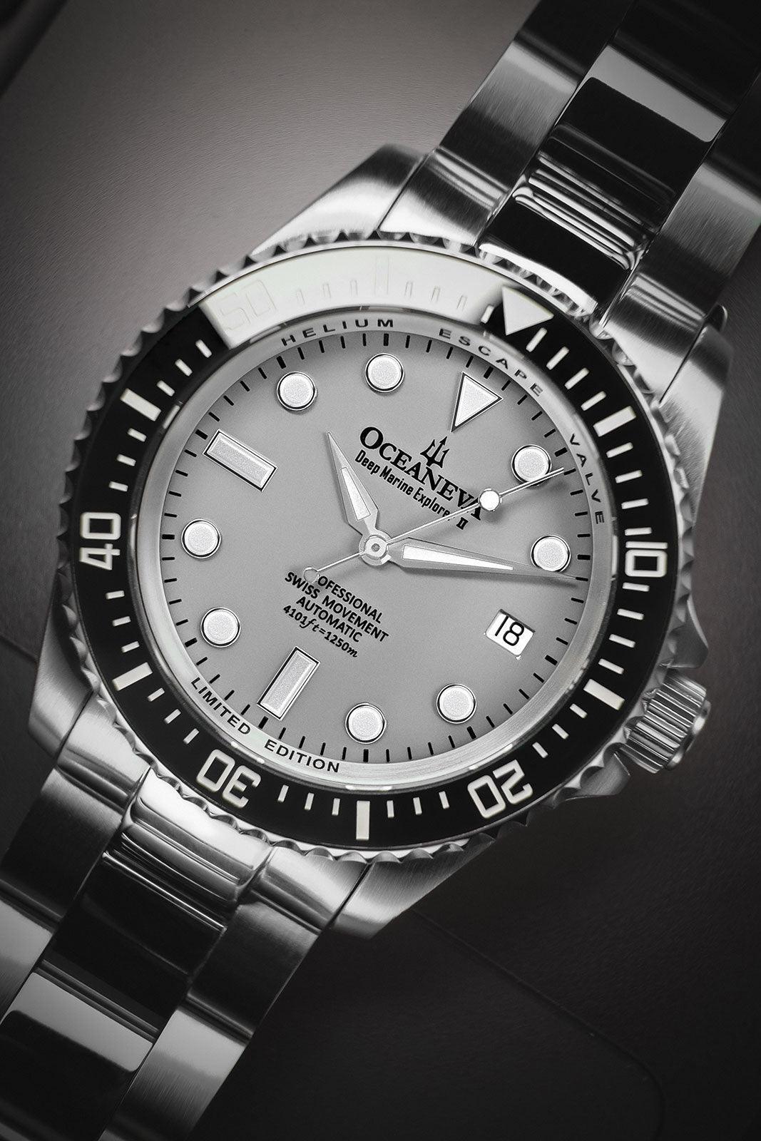 Oceaneva Men's Deep Marine Explorer II 1250M Pro Diver Watch Gray - BKII200SVST 1000M, 1250M, 316L Stainless Steel Watch, Automatic Watch, BGW9 Swiss-Superluminova, Ceramic Bezel, Dive Watch, Sw200-1 Swiss Automatic Movement