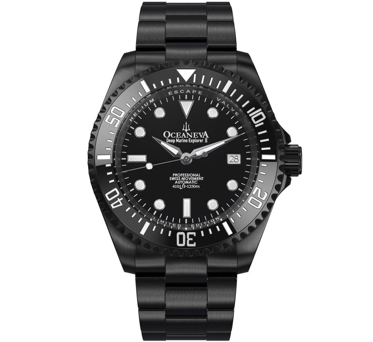 Oceaneva Men's Deep Marine Explorer II 1250M Pro Diver Watch Black Dial Black IP - BKIIB-BKIP 1000M, 1250M, 316L Stainless Steel Watch, Automatic Watch, BGW9 Swiss-Superluminova, Ceramic Bezel, Dive Watch, Sw200-1 Swiss Automatic Movement