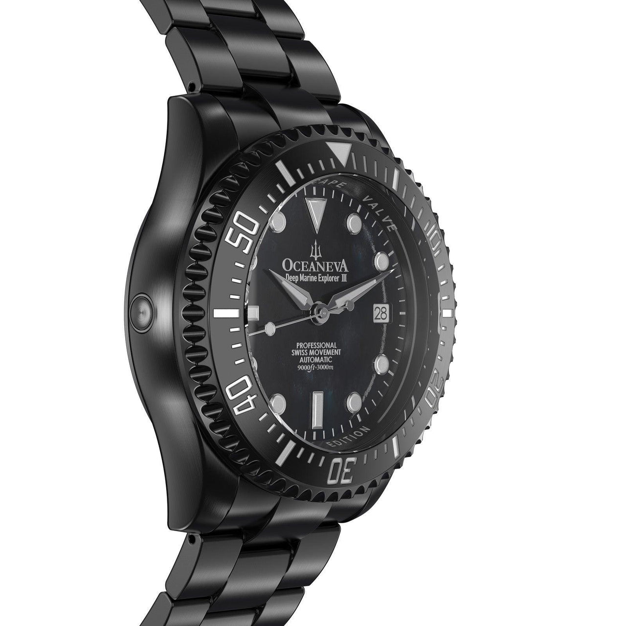 Oceaneva Men's Deep Marine Explorer III 3000M Pro Diver Watch Black Mother Of Pearl Dial Black IP - BKIIIBKMP200BK 3000m, 3000M Dive Watch, 316L Stainless Steel, Automatic Watch, BGW9 Swiss Super-Luminova, Dive Watch, Sw200-1 Swiss Automatic Movement