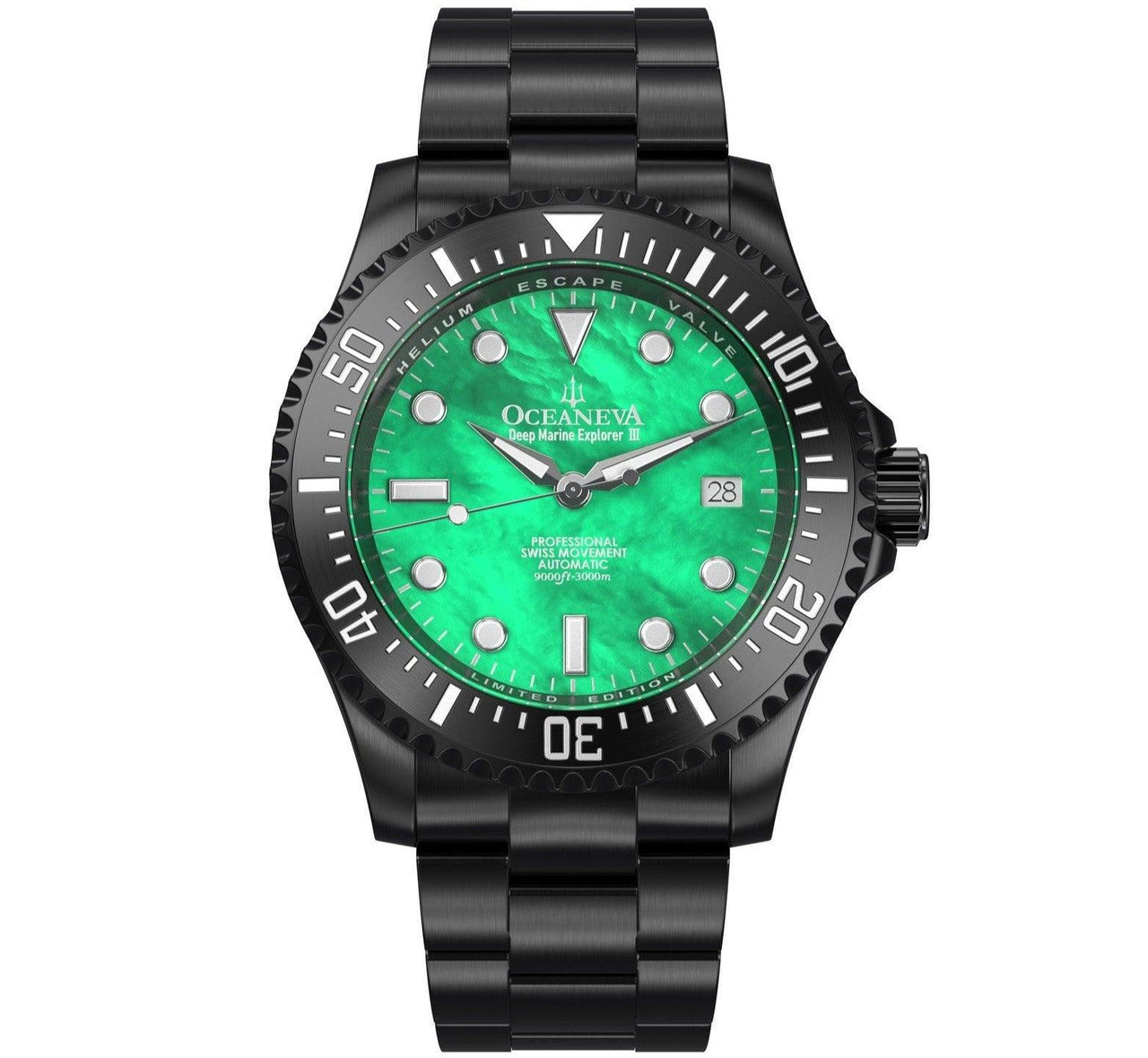 Oceaneva Men's Deep Marine Explorer III 3000M Pro Diver Watch Green Mother Of Pearl Dial Black IP - BKIIIGRMP200BK 3000m, 3000M Dive Watch, 316L Stainless Steel, Automatic Watch, BGW9 Swiss Super-Luminova, Dive Watch, Sw200-1 Swiss Automatic Movement
