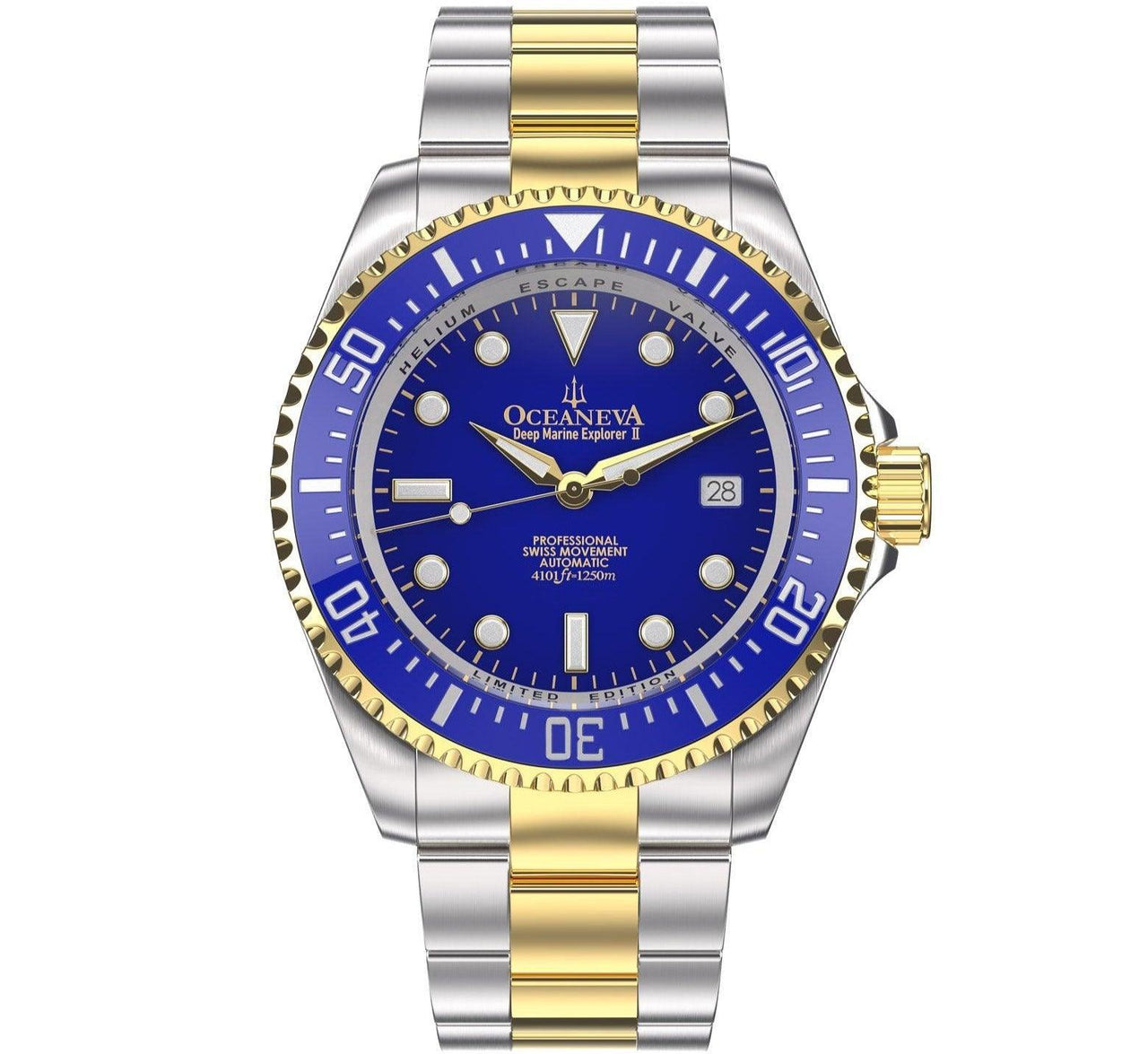 Oceaneva Men's Deep Marine Explorer II 1250M Pro Diver Watch Blue Yellow Gold - BLII200BLSTGD 1000M, 1250M, 316L Stainless Steel Watch, Automatic Watch, BGW9 Swiss-Superluminova, Ceramic Bezel, Dive Watch, Sw200-1 Swiss Automatic Movement