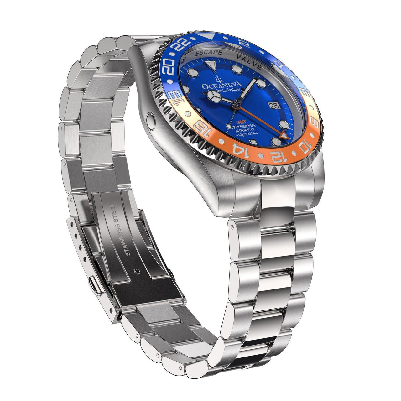 Oceaneva Men's Automatic GMT Watch 1250m Blue Dial Watch - BL.BL.NH.OY.GMT.ST automatic GMT watch, Automatic watches, Diver GMT, GMT Dive Watch, men's gmt watches