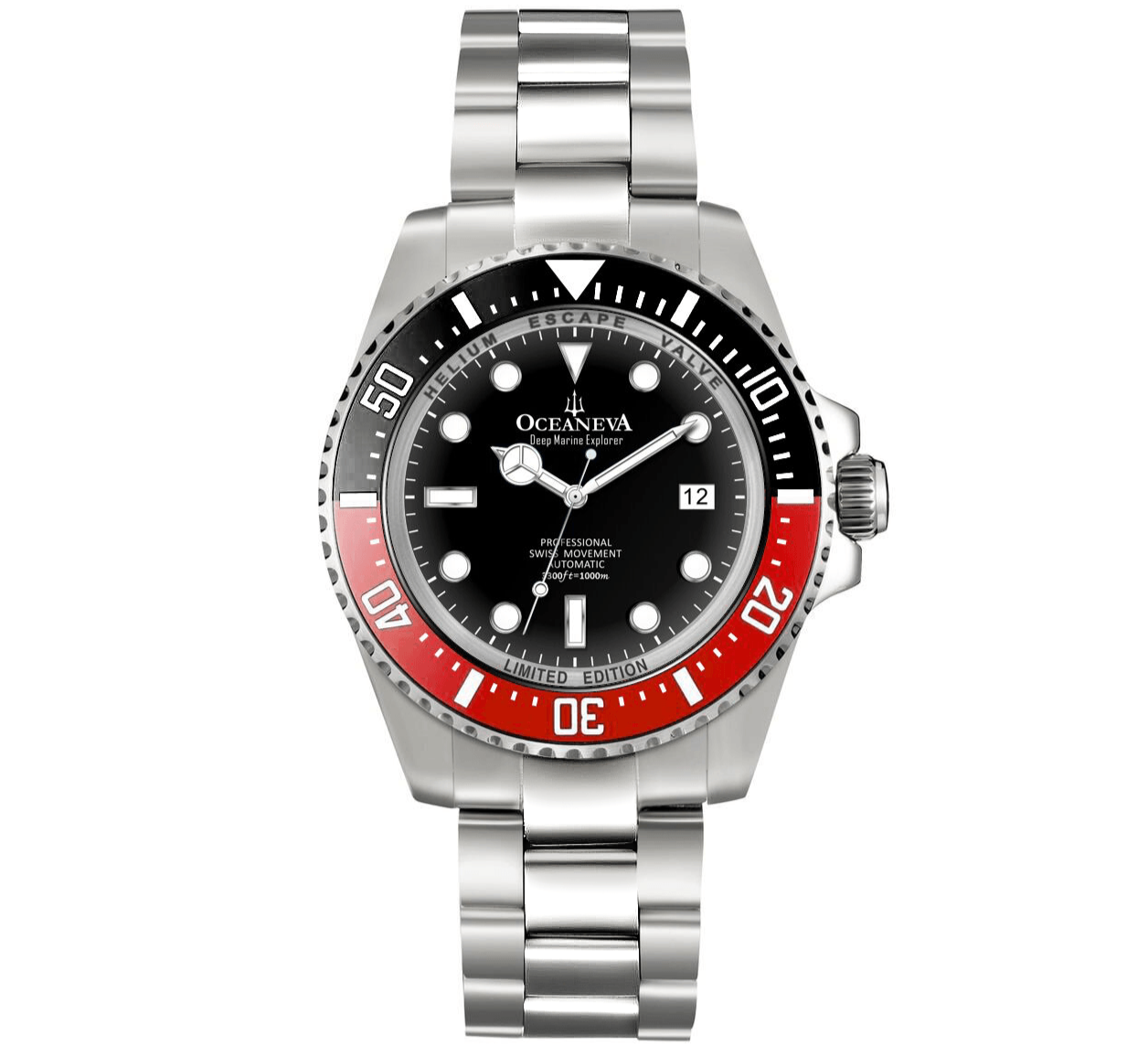 Oceaneva Men's Deep Marine Explorer 1000M Pro Diver Watch Black and Red - RDBK200BKST 1000M, 1000m Dive watch, 316L Stainless Steel, BGW9 Swiss Super-Luminova, Ceramic Beze, Dive Watch, Sw200-1 Swiss Automatic Movement